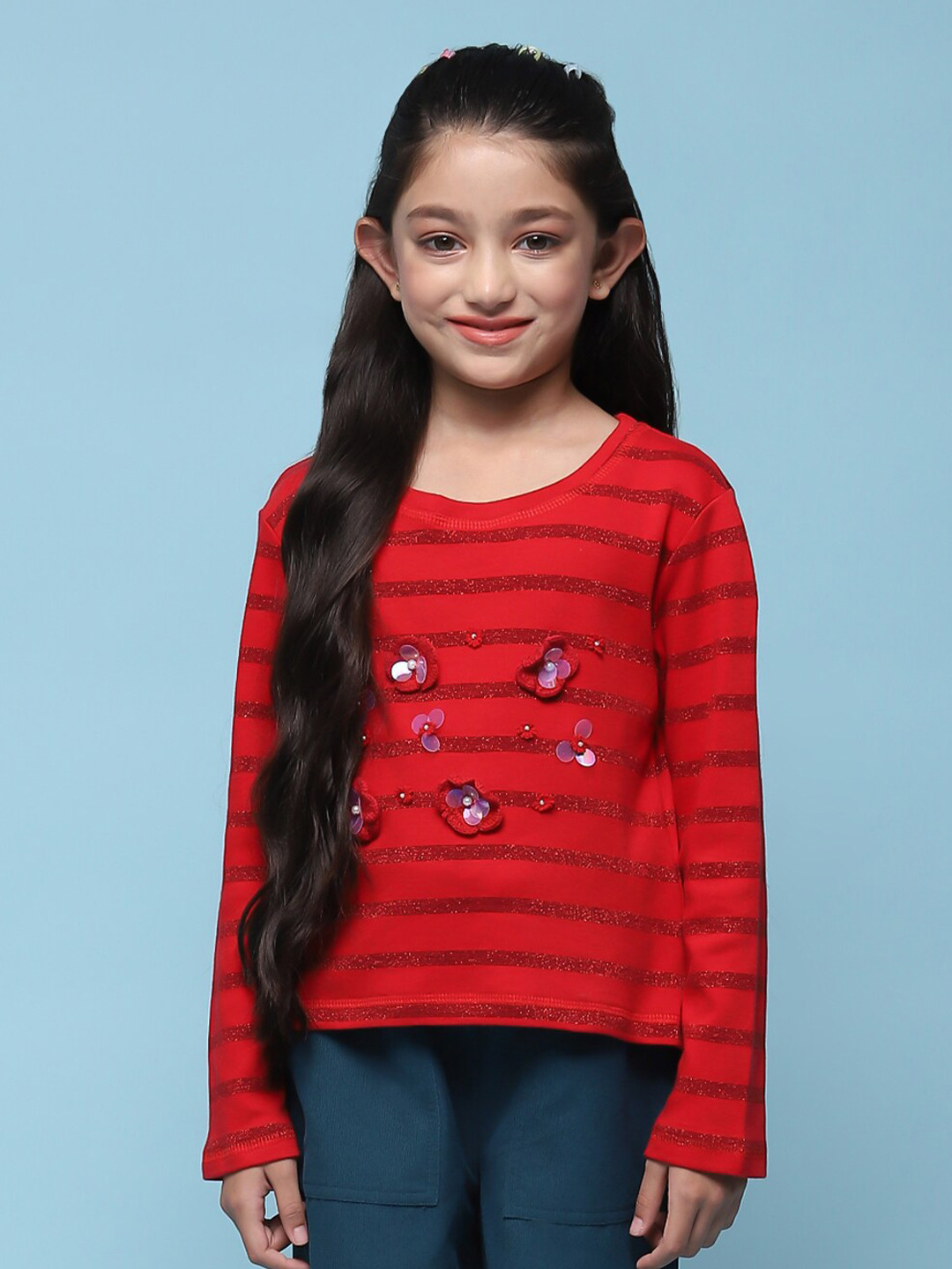Biba Girls Striped Embellished Long Sleeves Cotton T-shirt