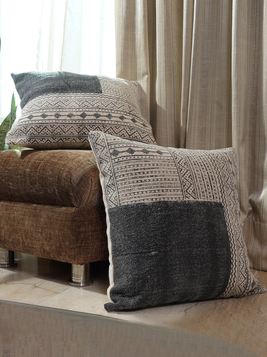 HOMEMONDE Hand Block Geometric Cotton 2 Pcs Square Cushion Covers - 18 x 18 In