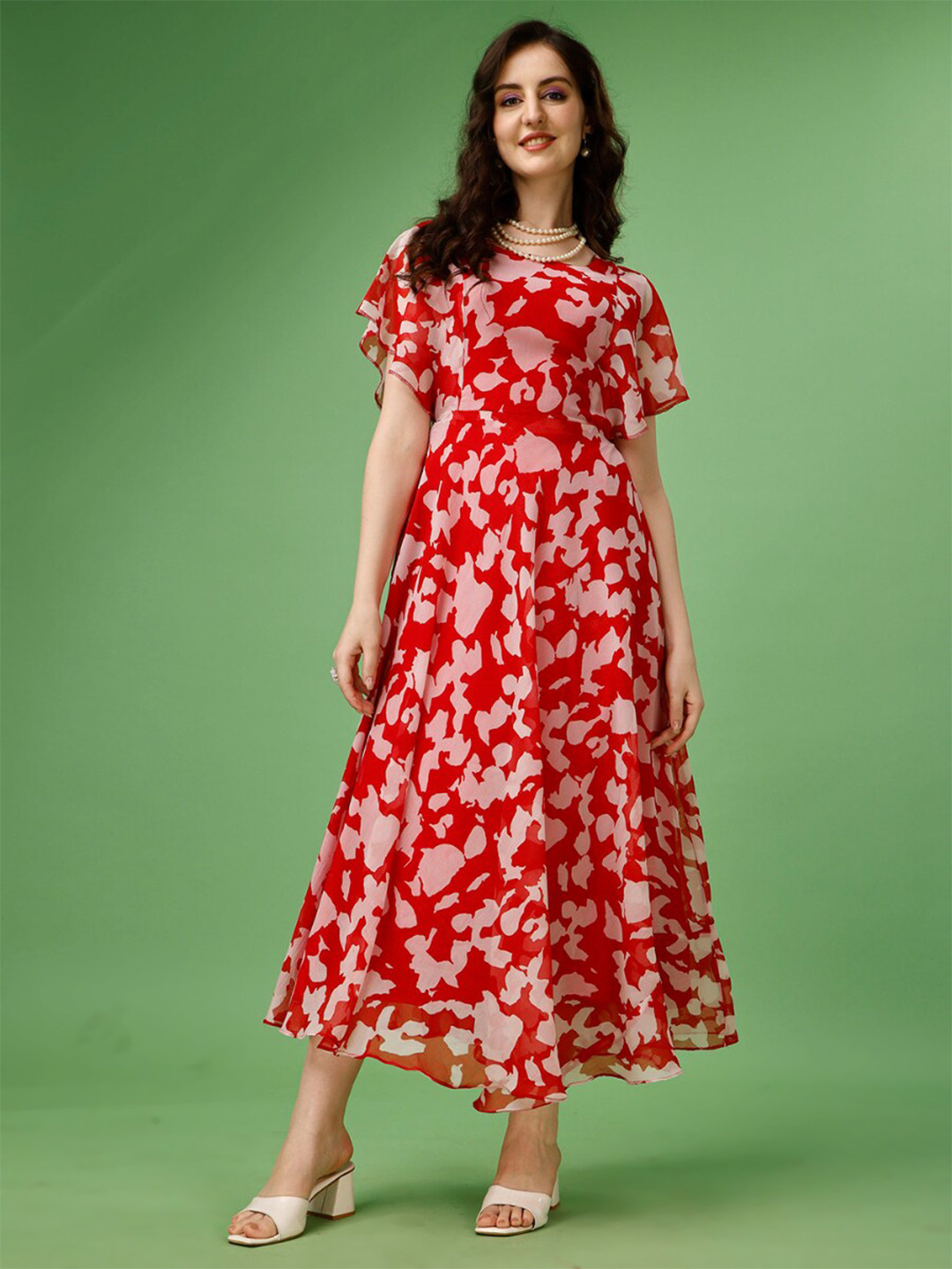 KALINI Abstract Printed Flutter Sleeves Maxi Dress