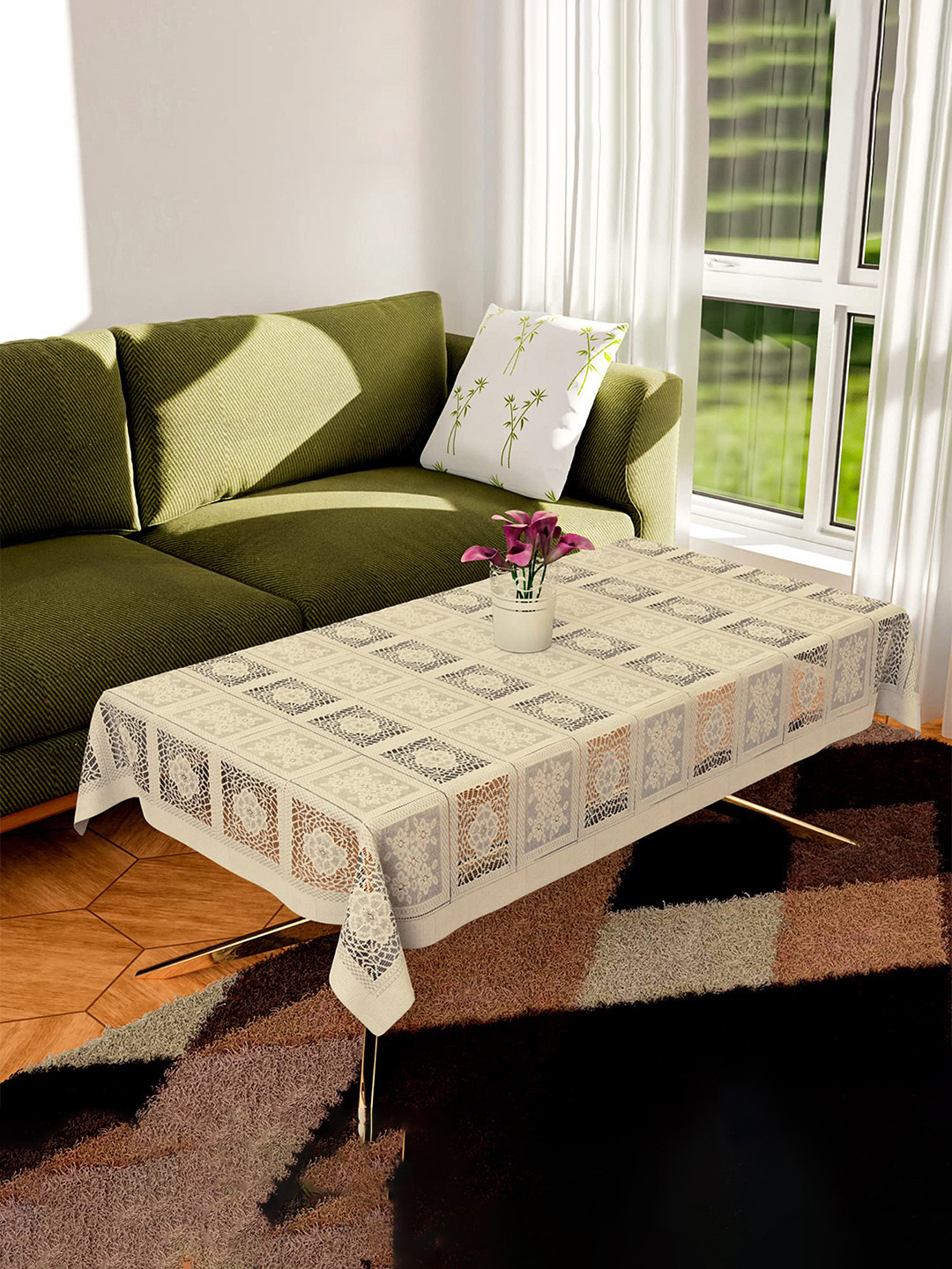 Kuber Industries Cream-Coloured Net Square Flower Center Table Cover