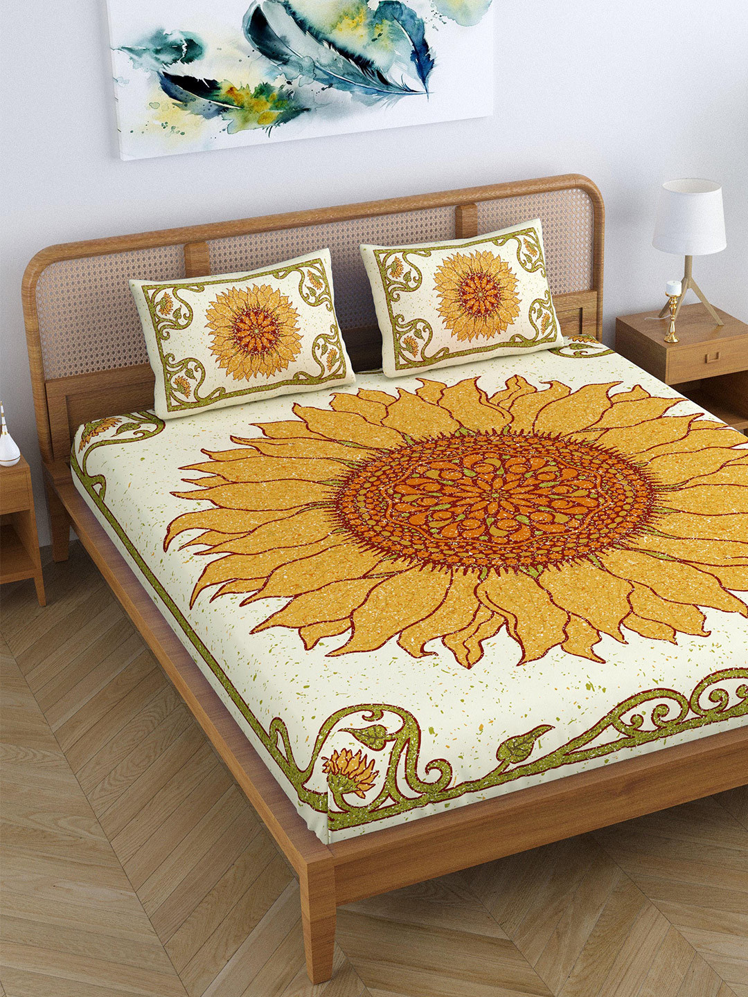 SheetKart Jaipuri Yellow Floral Cotton 144 TC Queen Bedsheet with 2 Pillow Covers-98 x 89 inches