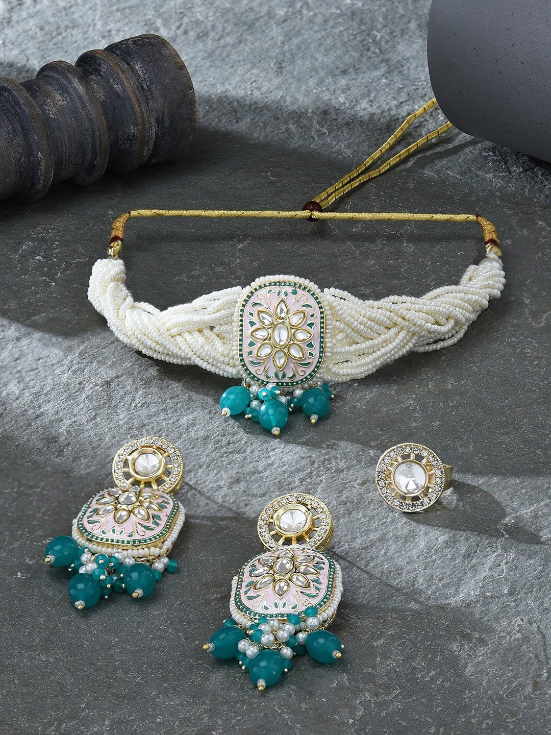 Zaveri Pearls Gold-Plated Meenakari Multistrand Beaded & Kundan-Studded Jewellery Set