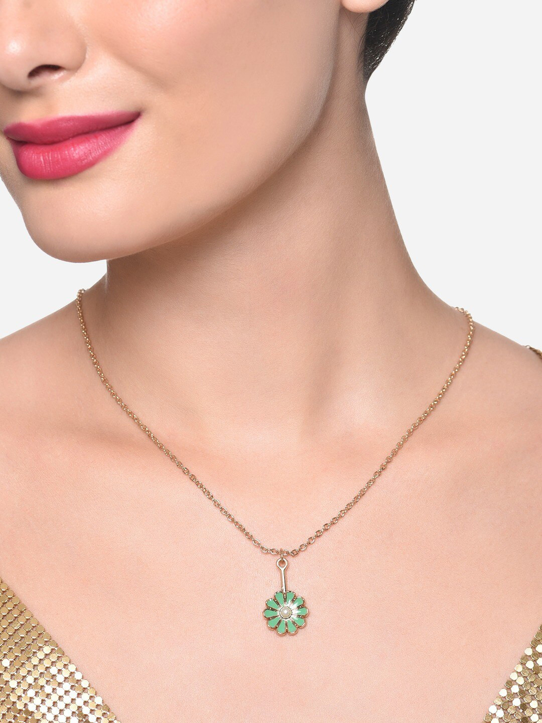 Zaveri Pearls Gold-Plated Enamel Flower Pendant & Chain