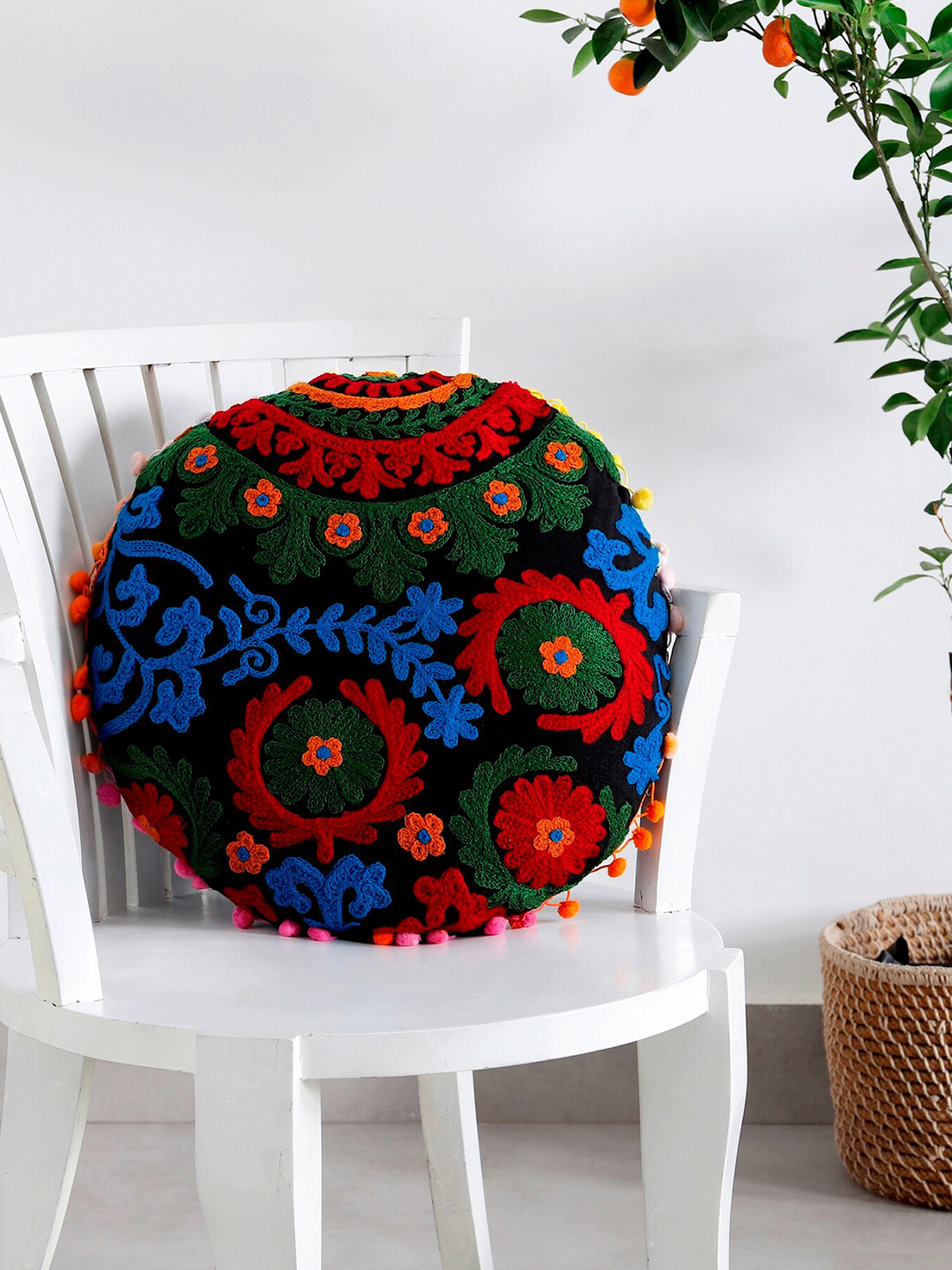 HANDICRAFT PALACE Embroidered Black Floral Cotton Embroidered Round Cushion Cover -16x16In