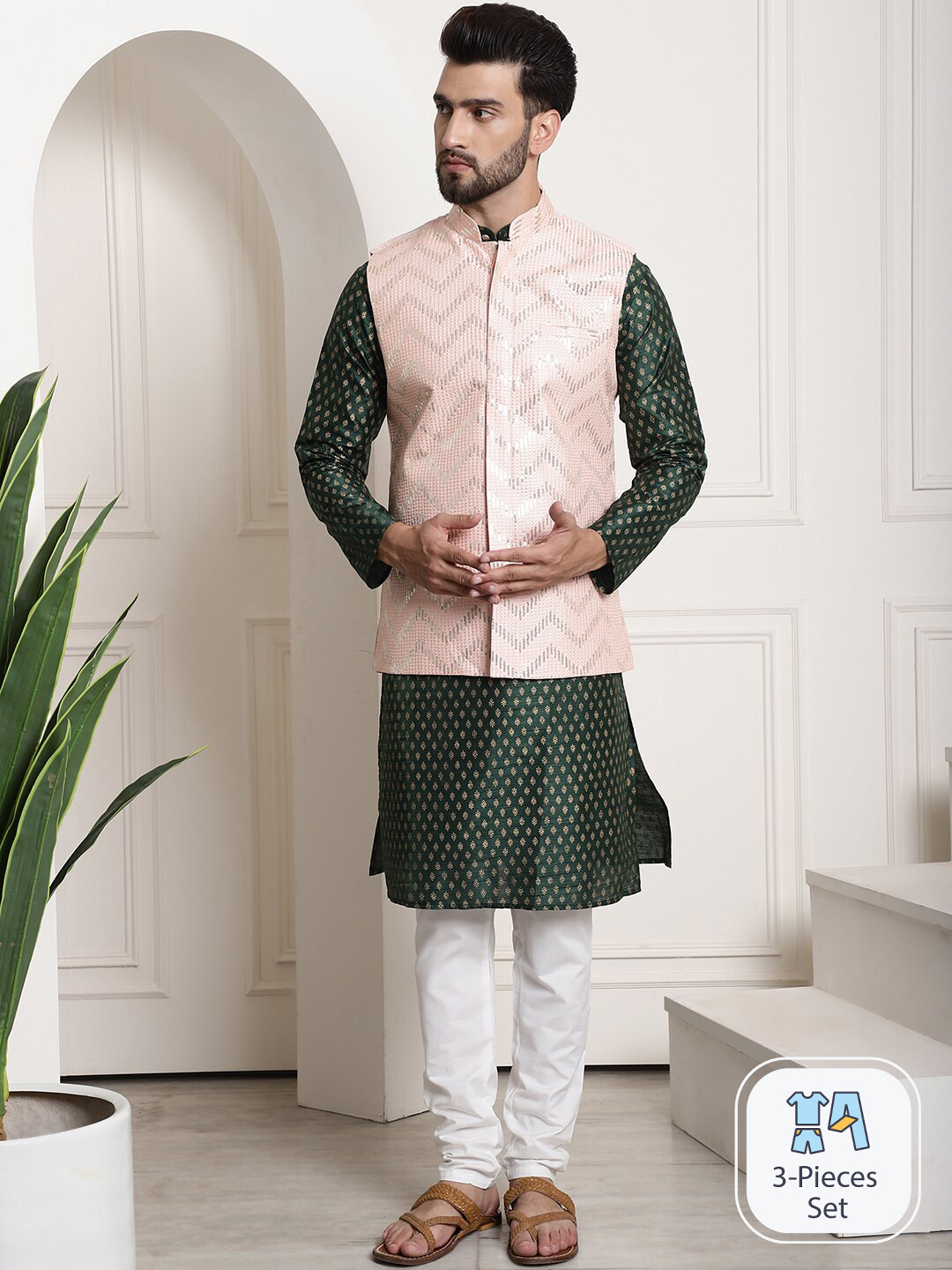 SOJANYA Ethnic Motifs Printed Silk Cotton Kurta With Pyjama & Woven Design Nehru Jacket