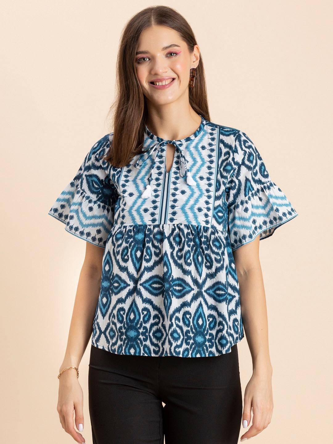 Moomaya Teal Print Tie-Up Neck Cotton Top