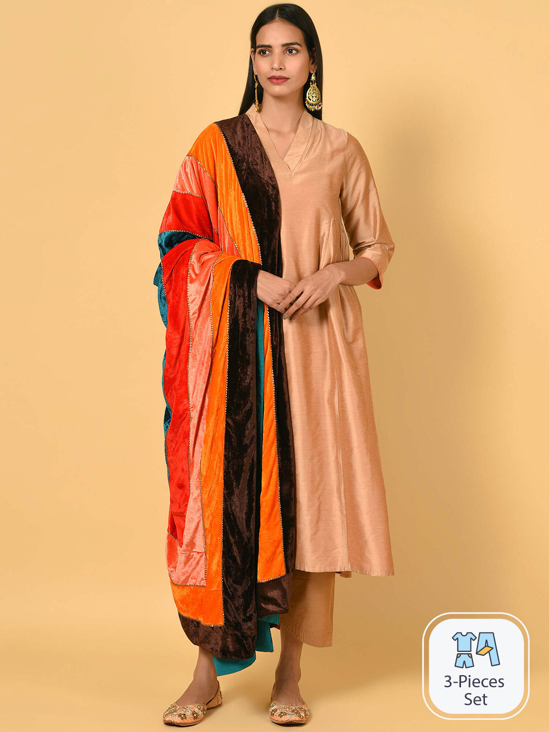 NUHH V-Neck Kurta With Trousers & Dupatta