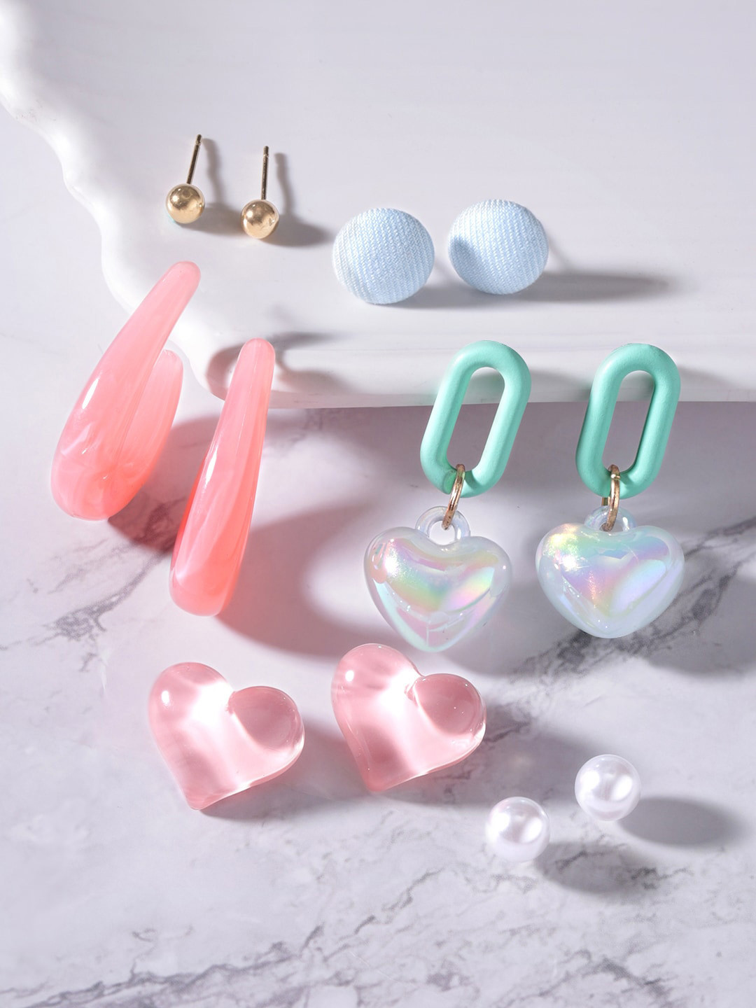 Rubans Set of 6 Stylish Multicolor Pearls Hearts Shape Studs & Drop Earrings