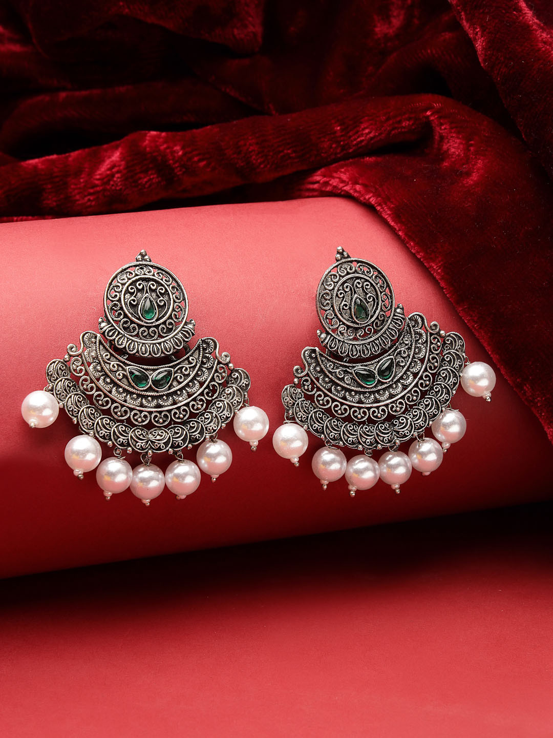 ADIVA Silver-Plated Crescent Shaped Chandbali Earrings