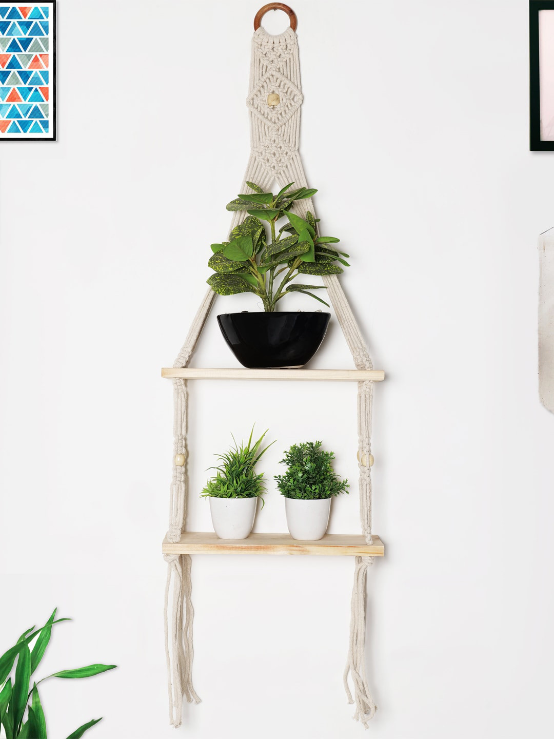 Decazone Beige Wood 2-Tier Macrame Hanging Wall Shelf