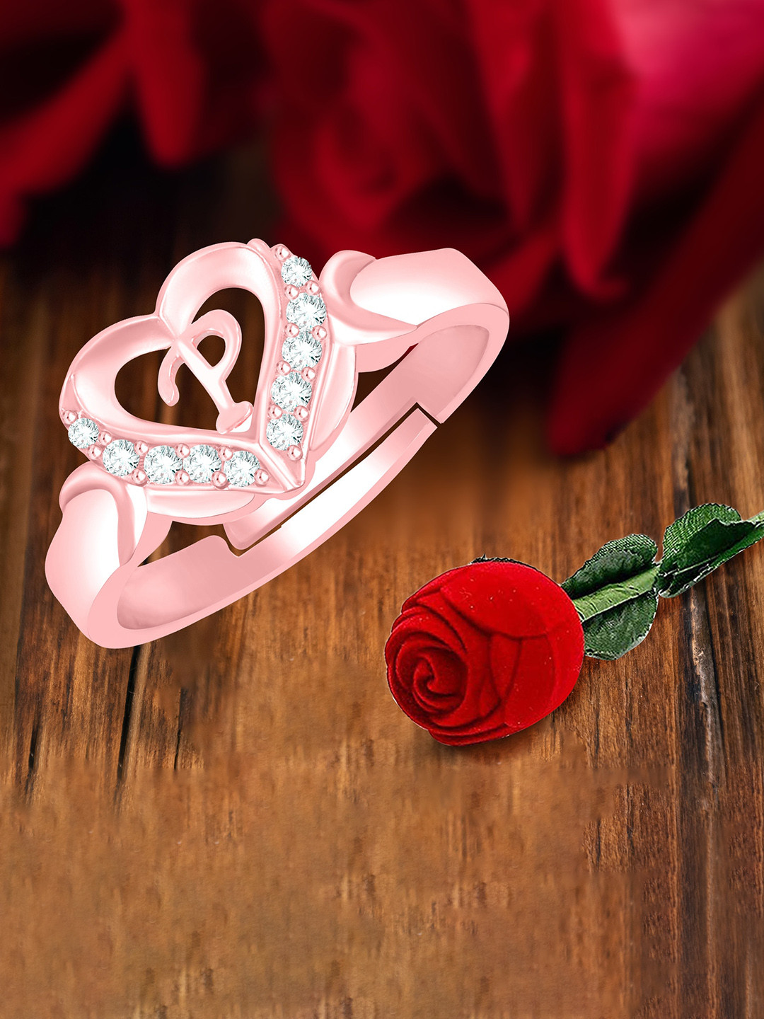 MEENAZ Rose Gold-Plated American Diamond-Studded P Alphabet Ring With Rose Box