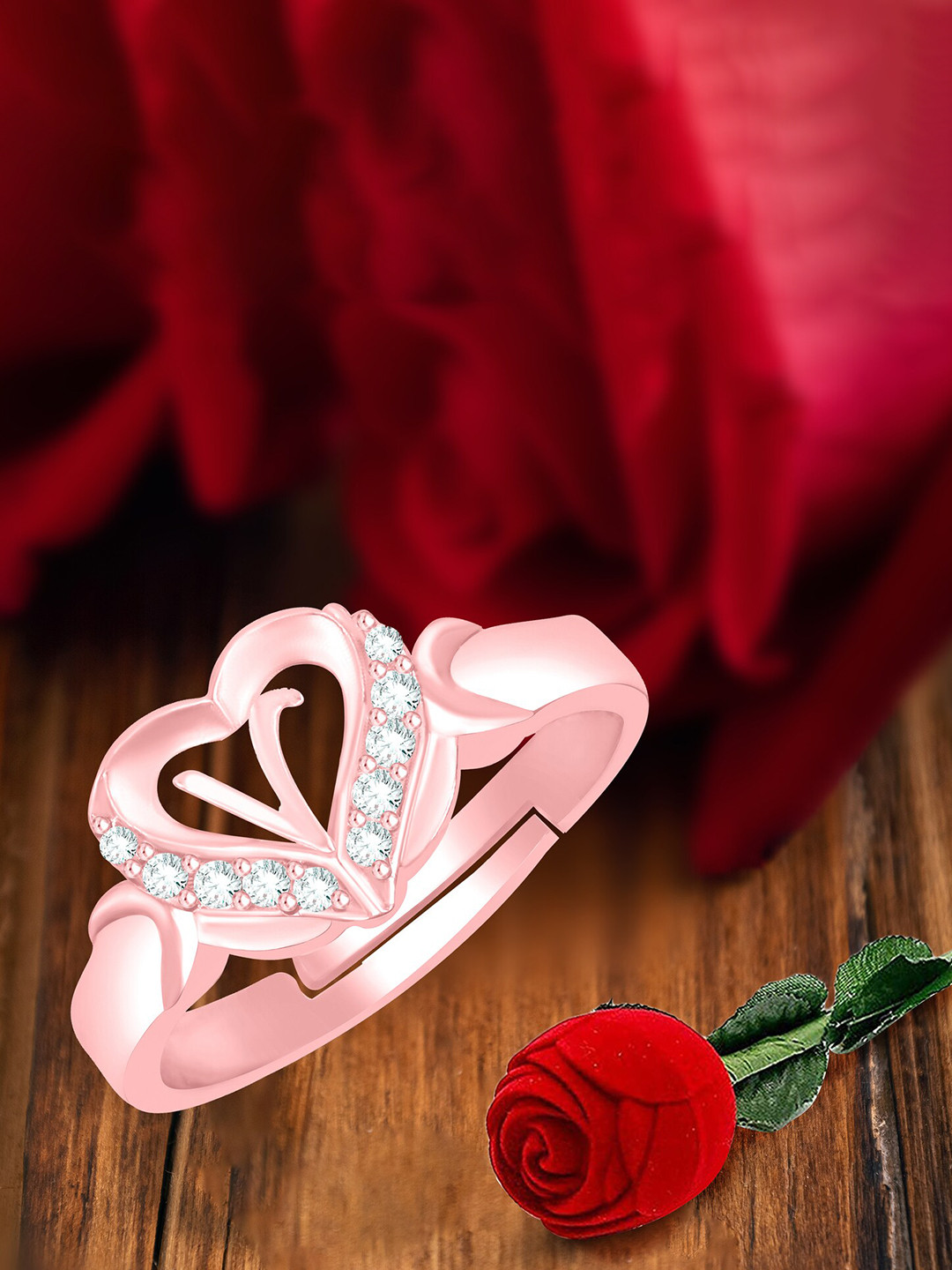MEENAZ Rose Gold-Plated AD Studded V Alphabet Adjustable Ring With Rose Box