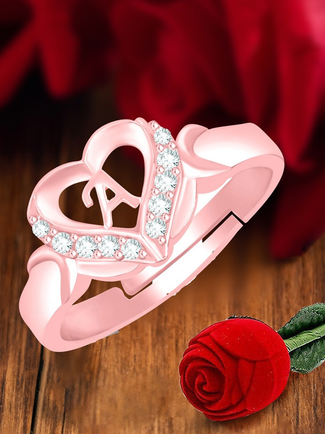MEENAZ Rose Gold-Plated AD Studded A Alphabet Adjustable Ring With Rose Box