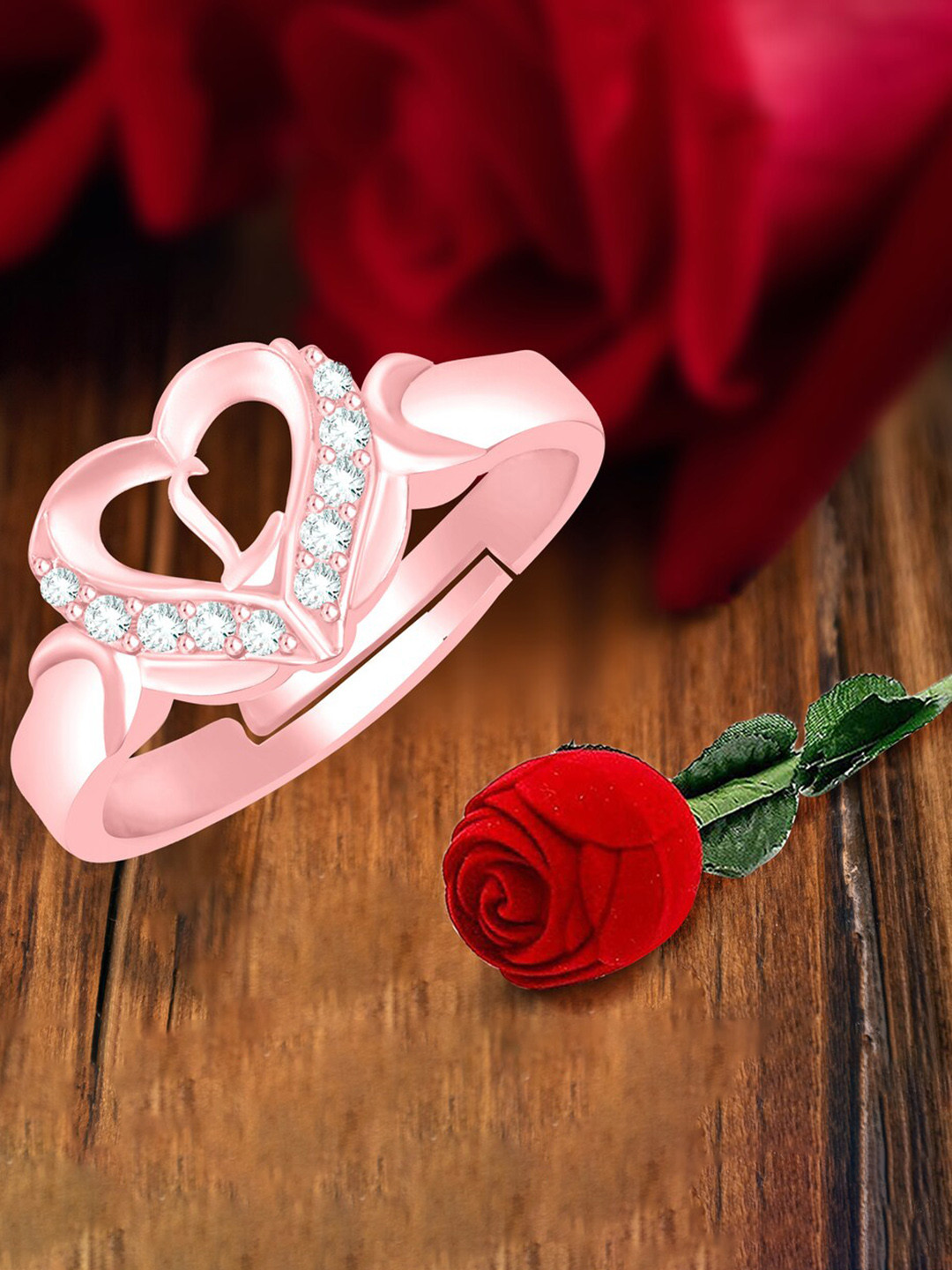 MEENAZ Rose Gold-Plated AD Studded L Alphabet Adjustable Ring With Rose Box