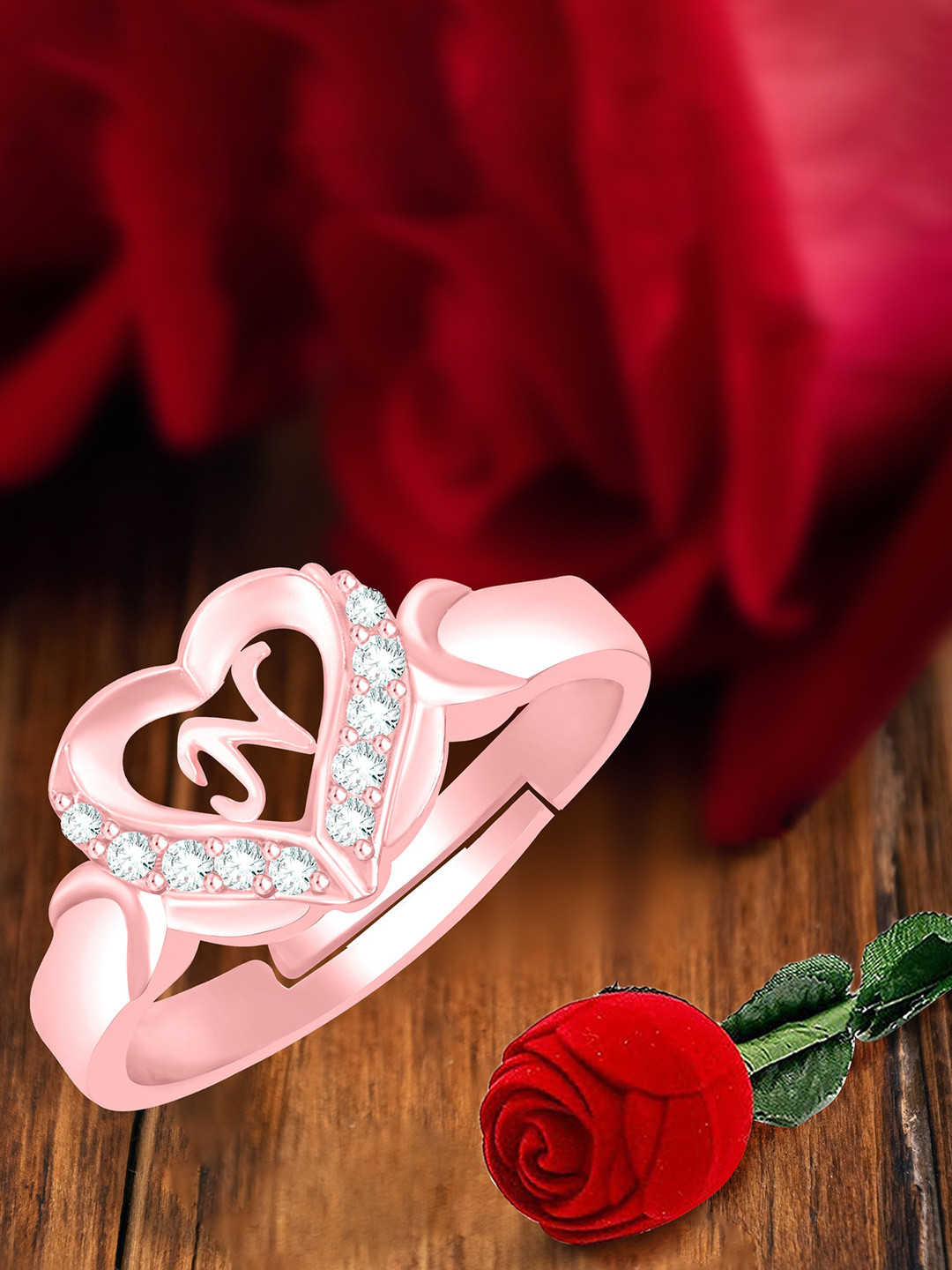 MEENAZ Rose Gold-Plated Stainless Steel N Alphabet Adjustable Finger Ring With Rose Box