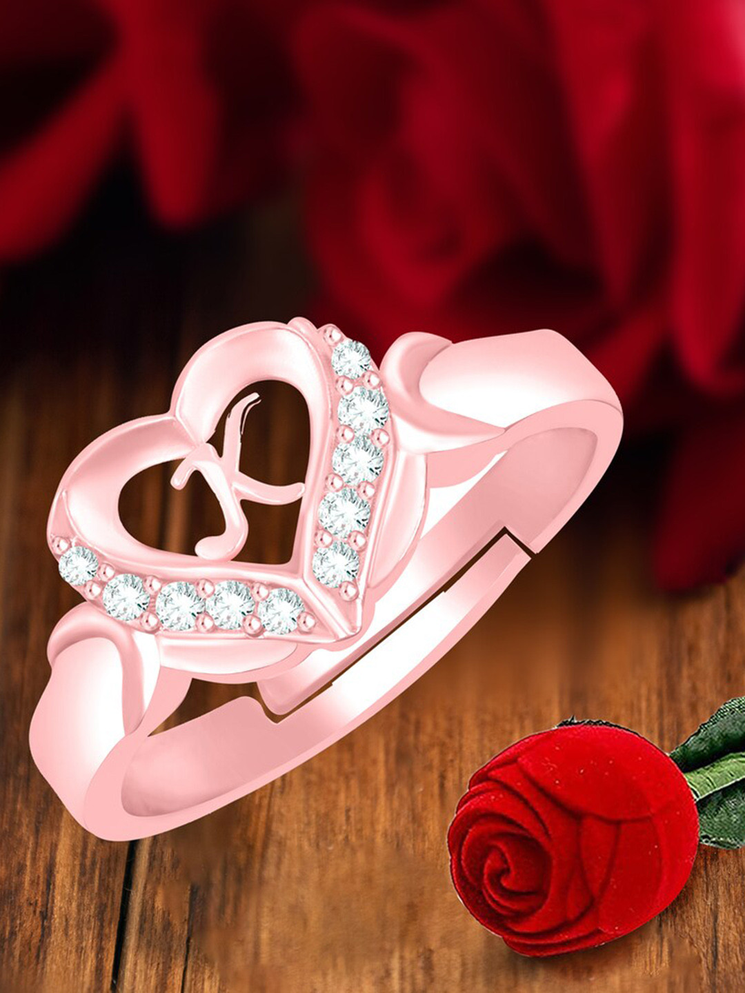 MEENAZ Rose Gold-Plated Stainless Steel K Alphabet Adjustable Finger Ring With Rose Box