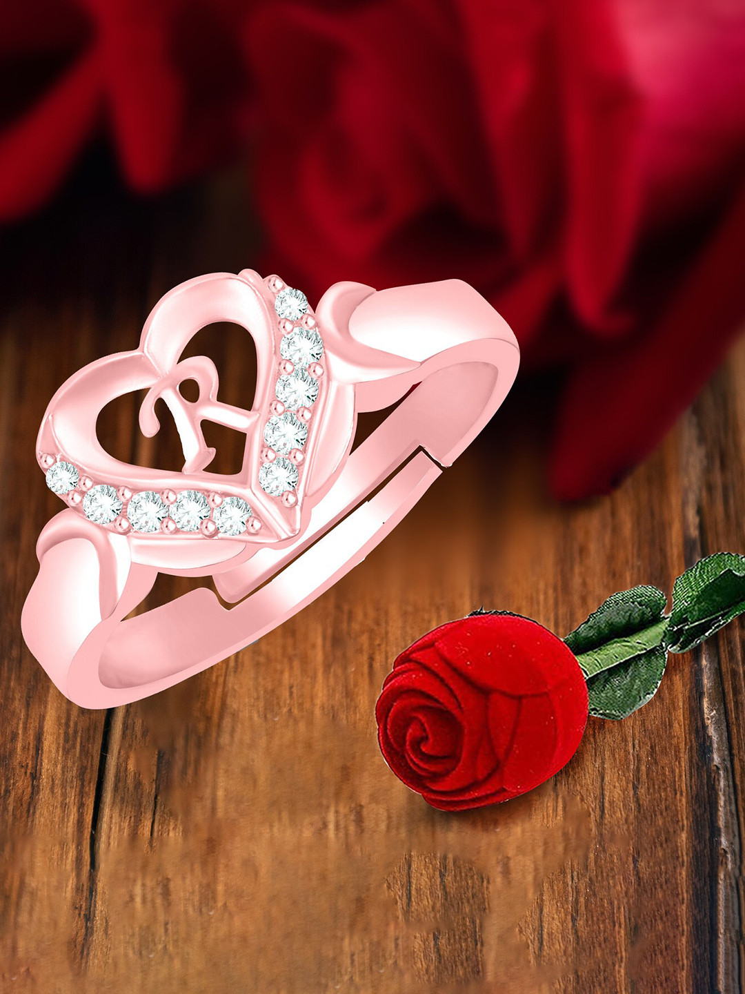 MEENAZ Rose Gold-Plated AD Studded R Alphabet Adjustable Ring With Rose Box
