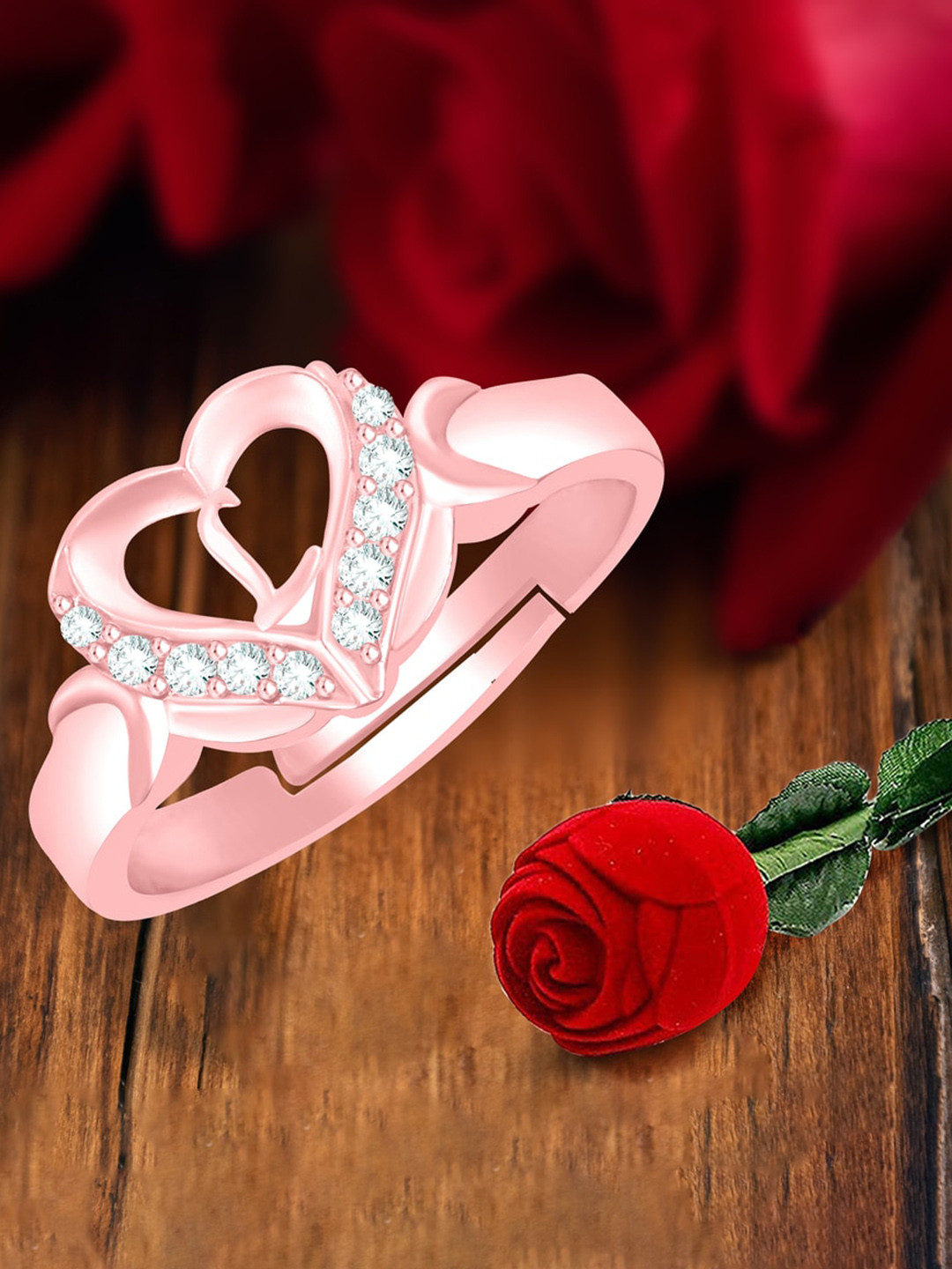 MEENAZ Rose Gold-Plated AD Studded L Alphabet Adjustable Ring With Rose Box