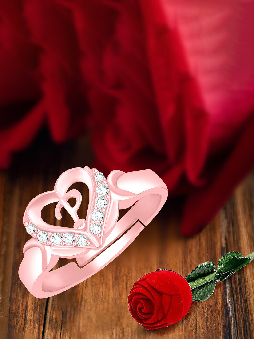 MEENAZ Rose Gold-Plated Stainless Steel P Alphabet Adjustable Finger Ring With Rose Box