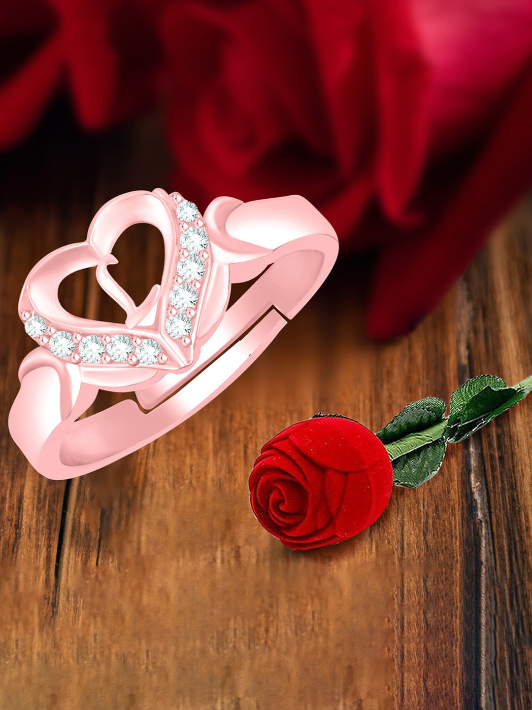 MEENAZ Rose Gold-Plated Stainless Steel L Alphabet Adjustable Finger Ring With Rose Box