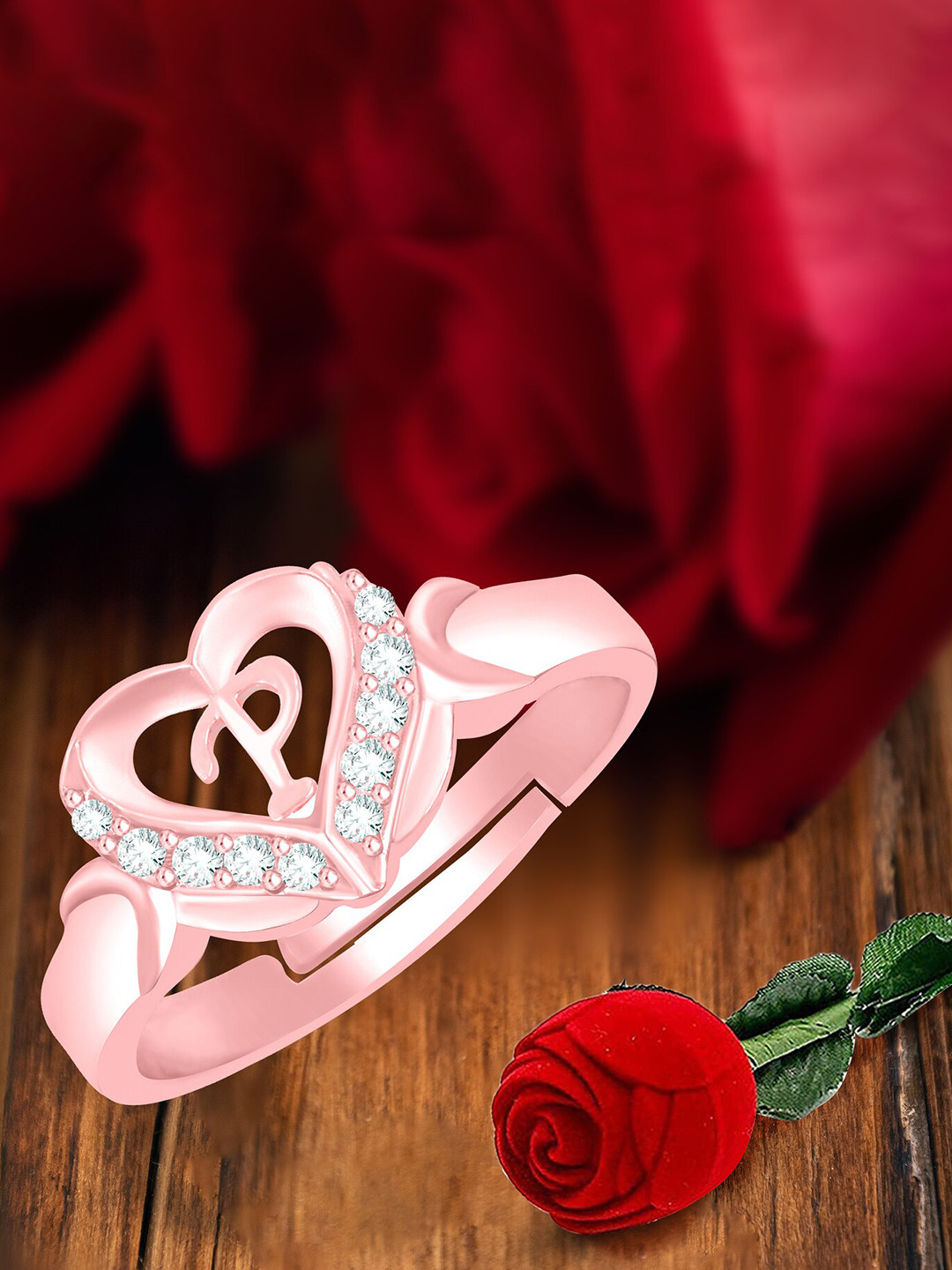 MEENAZ Rose Gold-Plated Stainless Steel P Alphabet Adjustable Finger Ring With Rose Box
