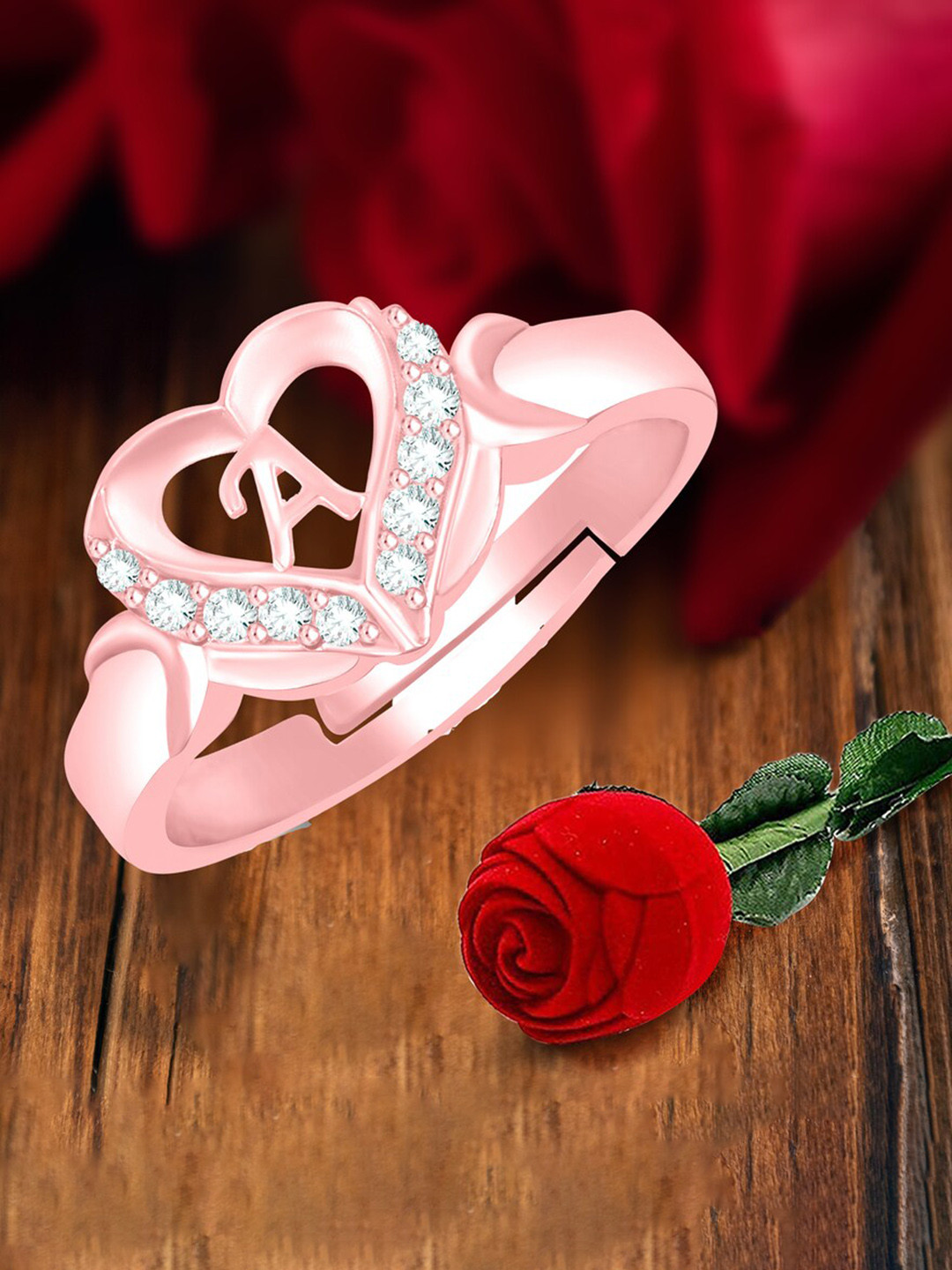 MEENAZ Rose Gold-Plated Stainless Steel A Alphabet Adjustable Finger Ring With Rose Box