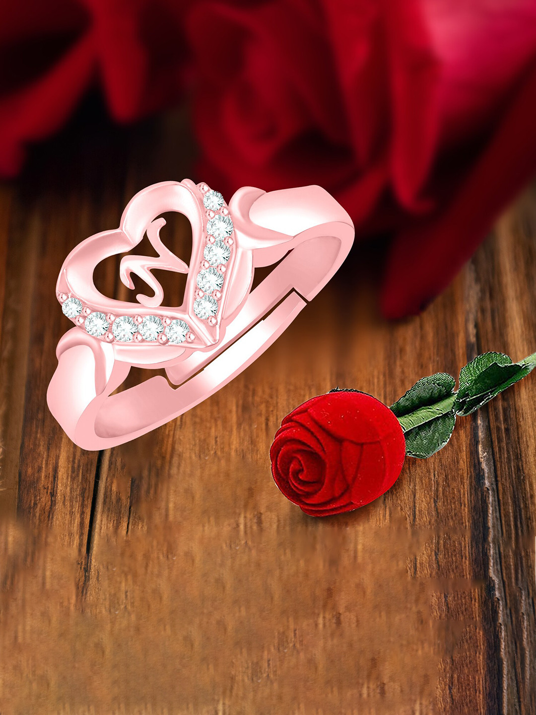 MEENAZ Rose Gold-Plated Stainless Steel N Alphabet Adjustable Finger Ring With Rose Box