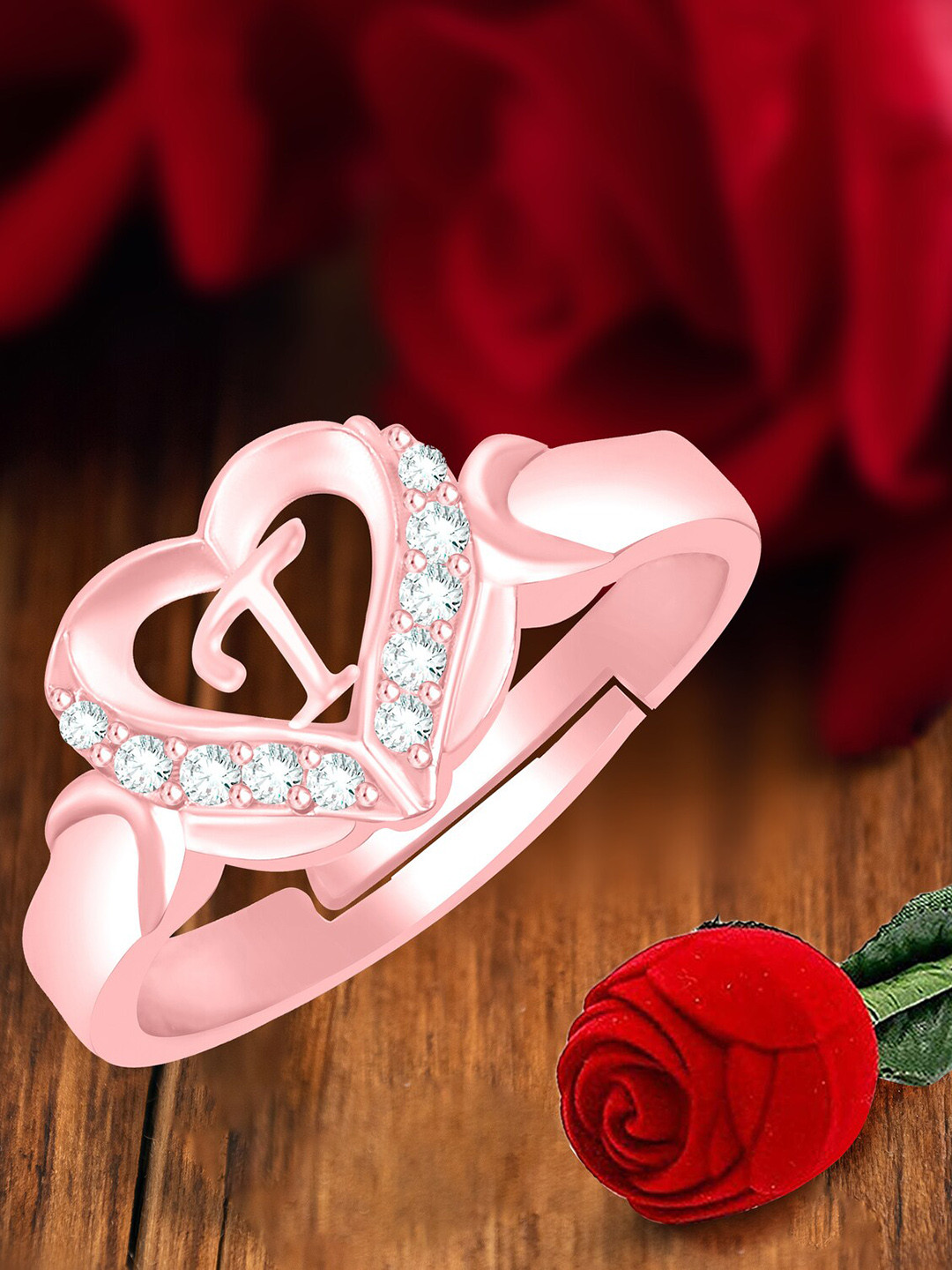 MEENAZ Rose Gold-Plated Stainless Steel T Alphabet Adjustable Finger Ring With Rose Box