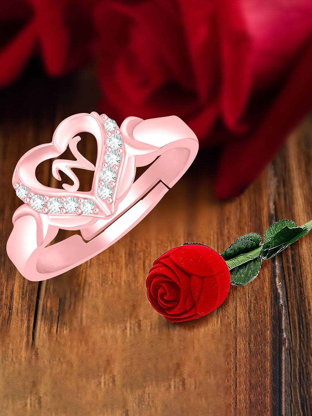 MEENAZ Rose Gold-Plated AD Studded N Alphabet Adjustable Ring With Rose Box