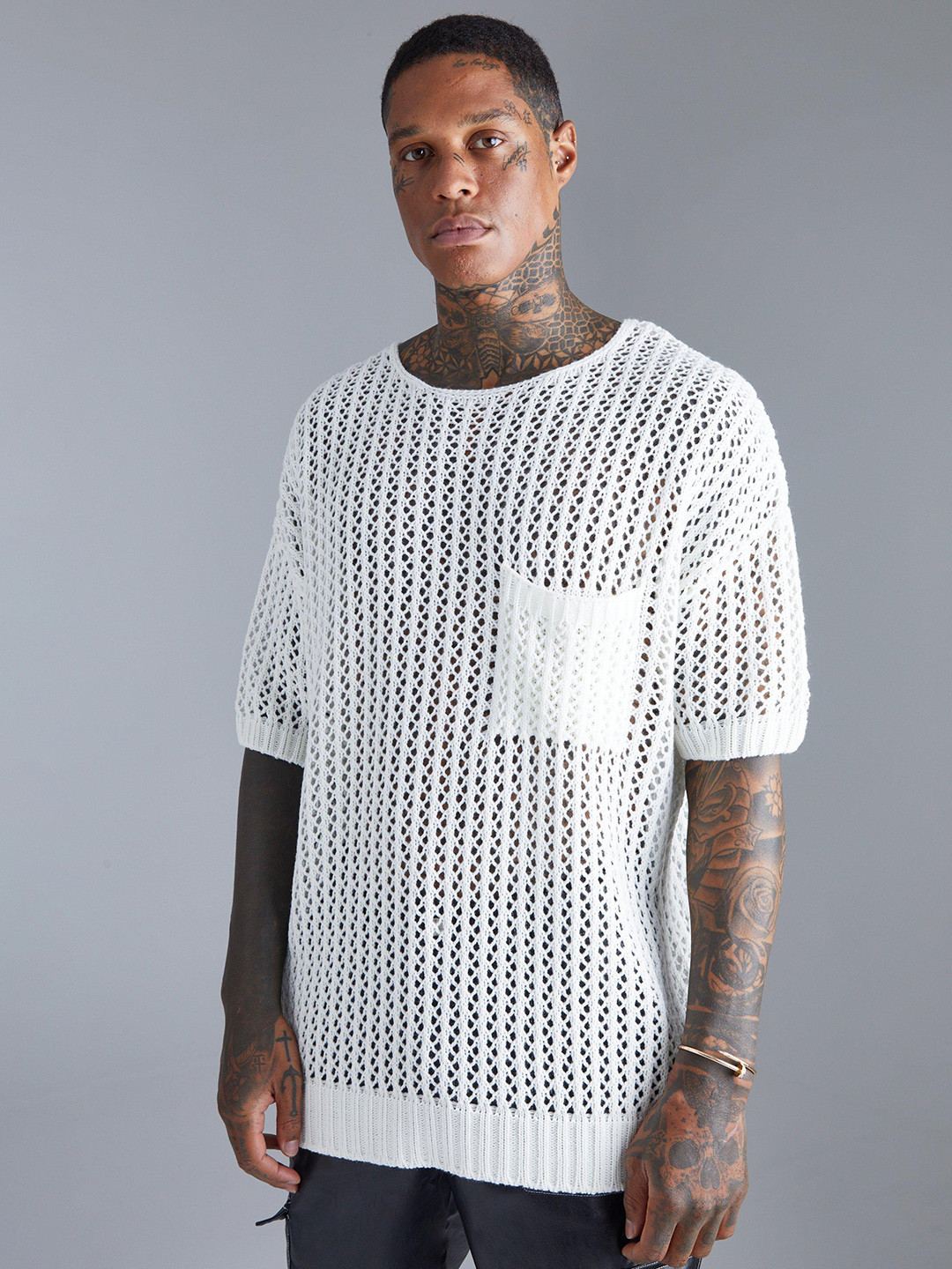 boohooMAN Open Knit Oversized T-shirt