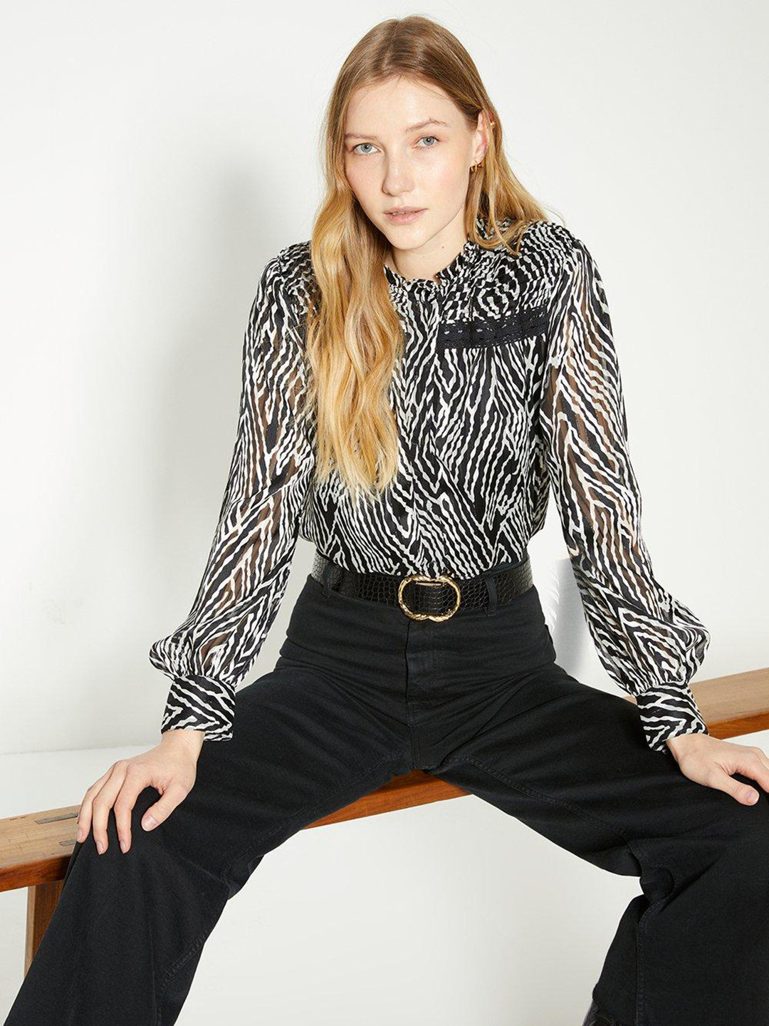 OASIS Monochrome Animal Print Lace Trim Chiffon Ruffles Shirt Style Top