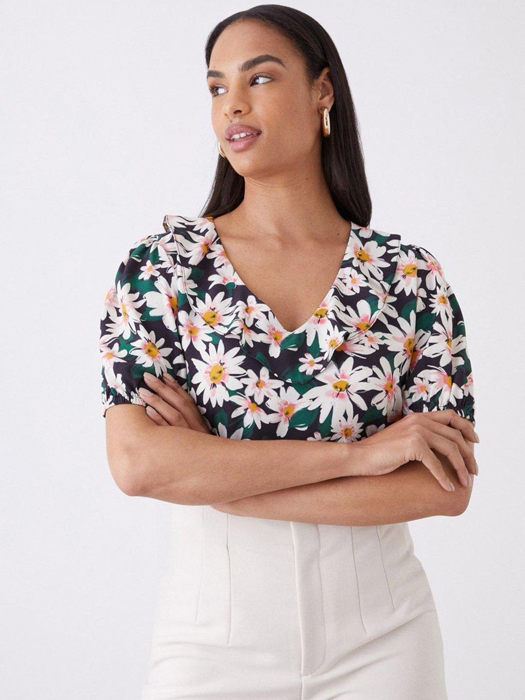 DOROTHY PERKINS Daisy Print Frilled Puff Sleeve Top