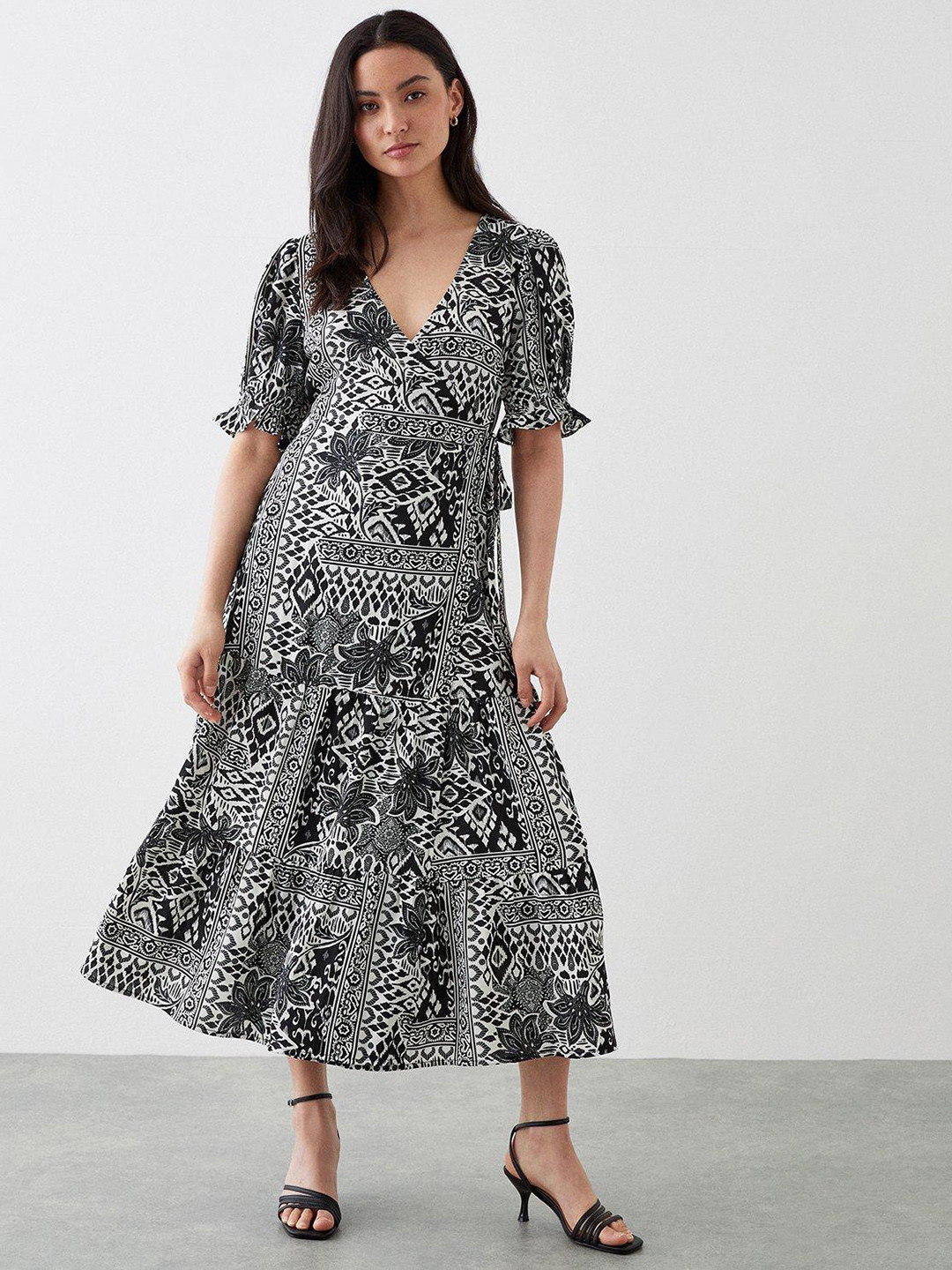 DOROTHY PERKINS Petite Ethnic Motifs Print Tiered Wrap Midi Dress