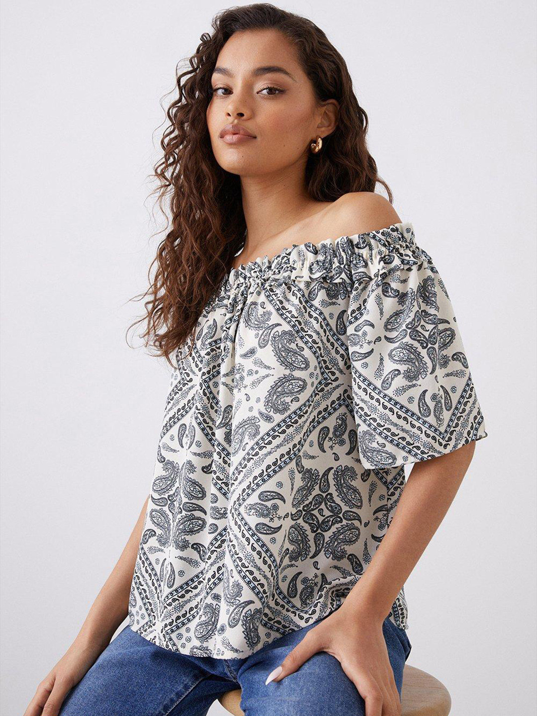 DOROTHY PERKINS Petite Scarf Print Off-Shoulder Flutter Sleeve Bardot Top