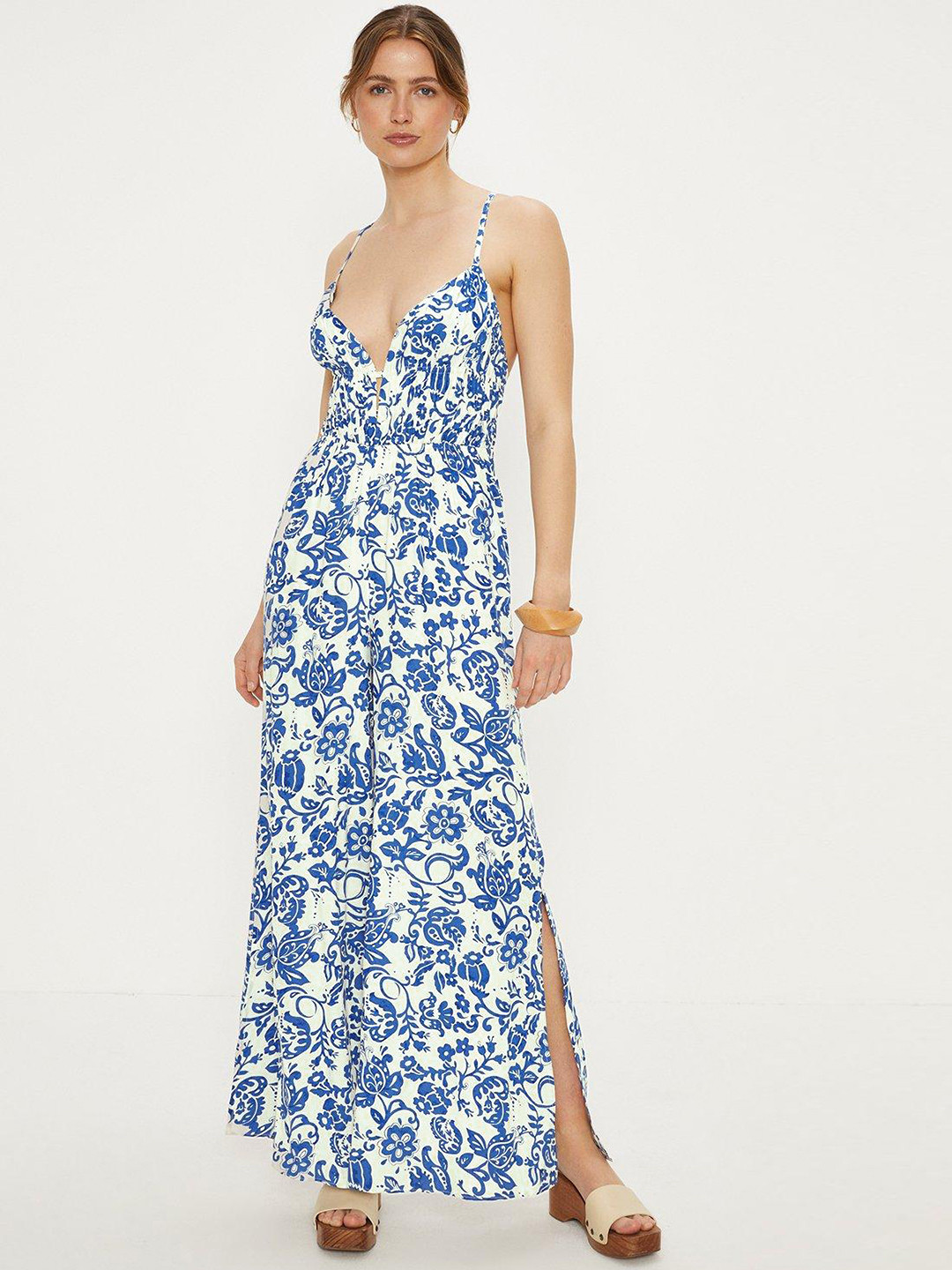 OASIS Styled Back Printed Slits Basic Jumpsuit