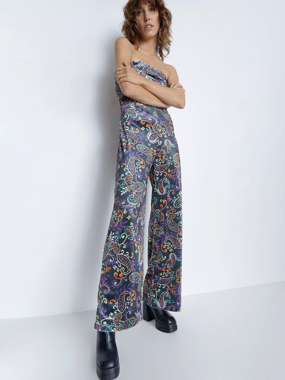WAREHOUSE Paisley Print Velvet Bandeau Wide Leg Jumpsuit