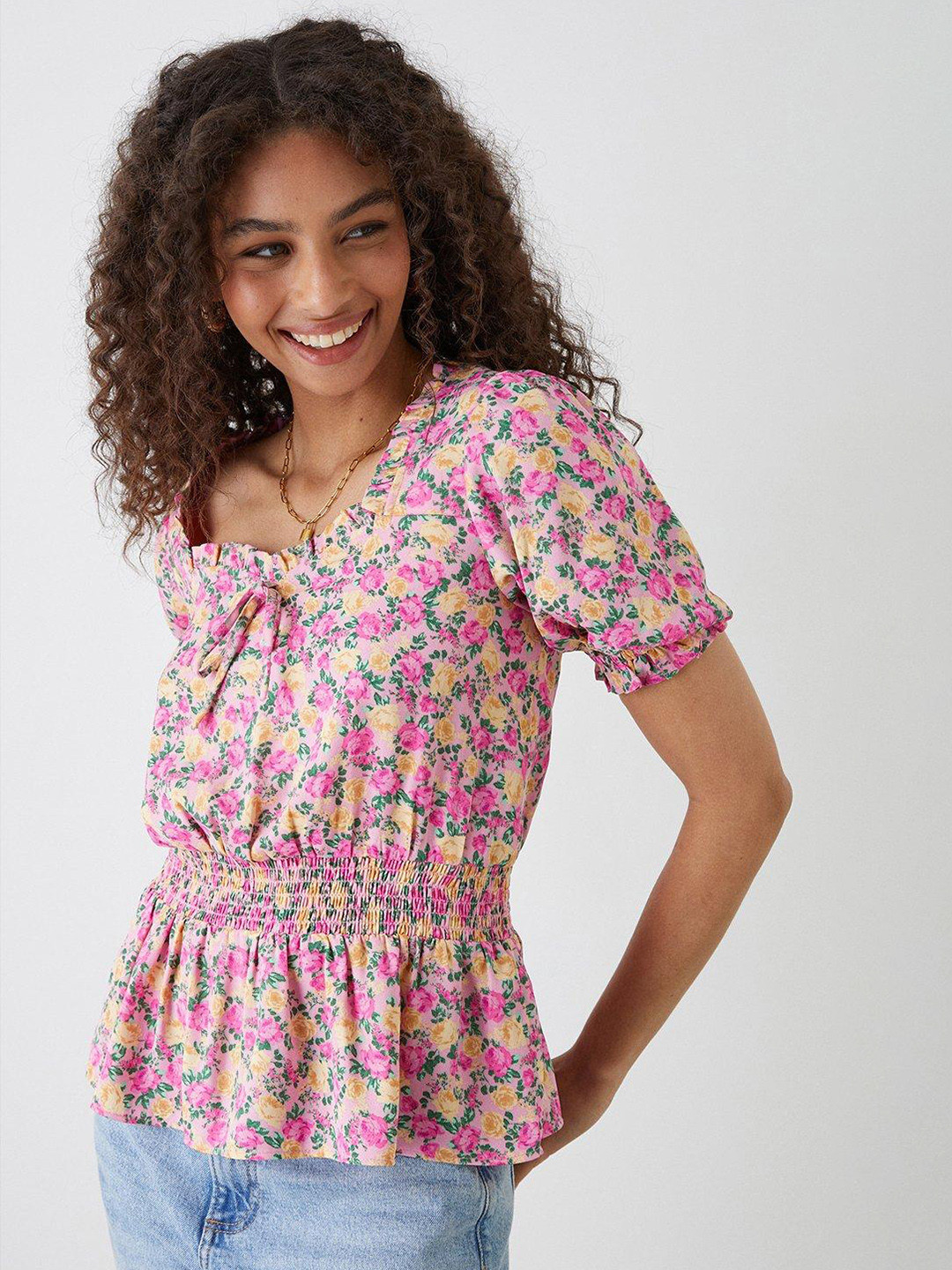 DOROTHY PERKINS Ditsy Print Sweetheart Neck Puff Sleeve Cinched Waist Top