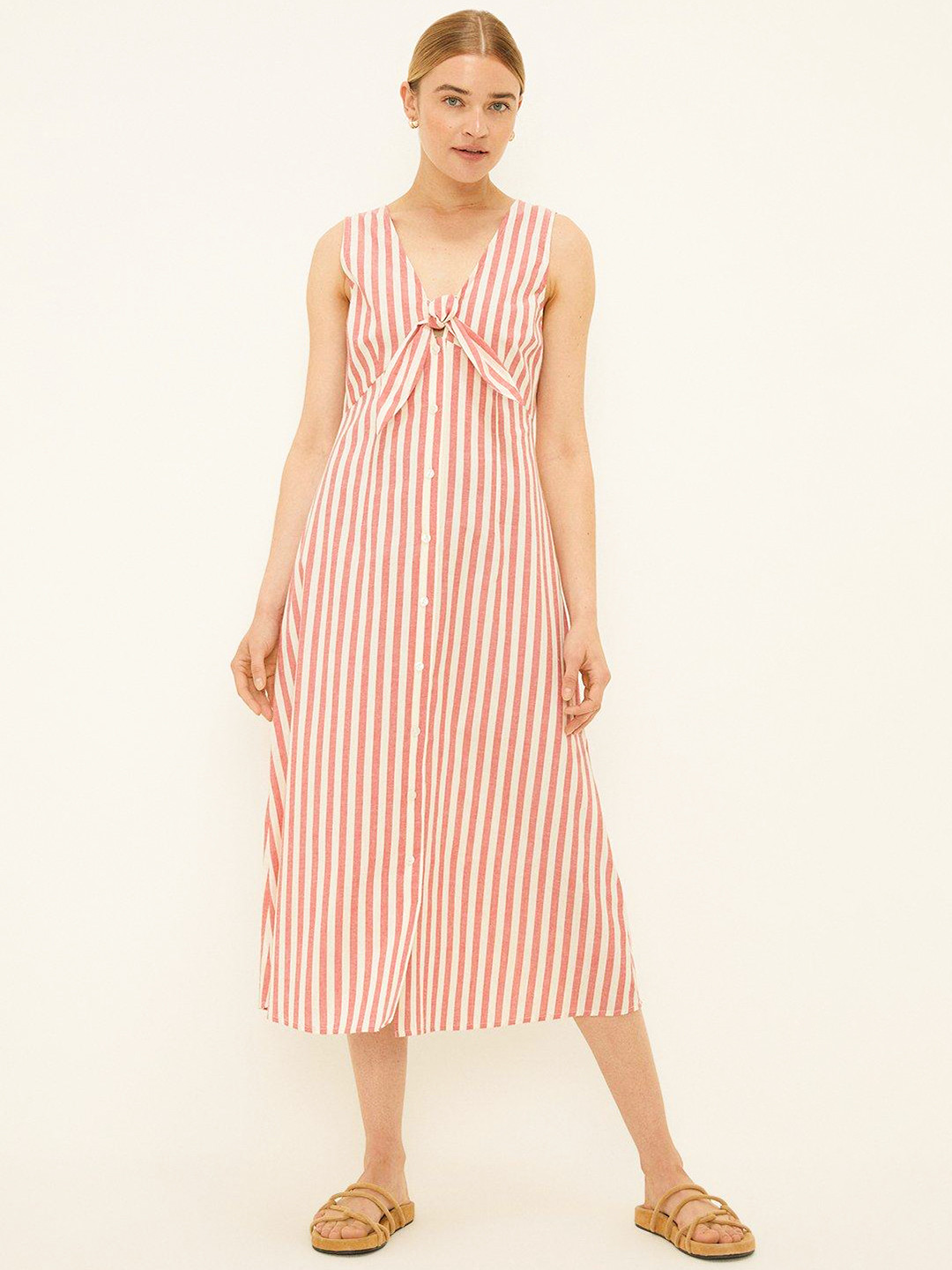 DOROTHY PERKINS  Striped Button Front Tie-Up A-Line Midi Dress