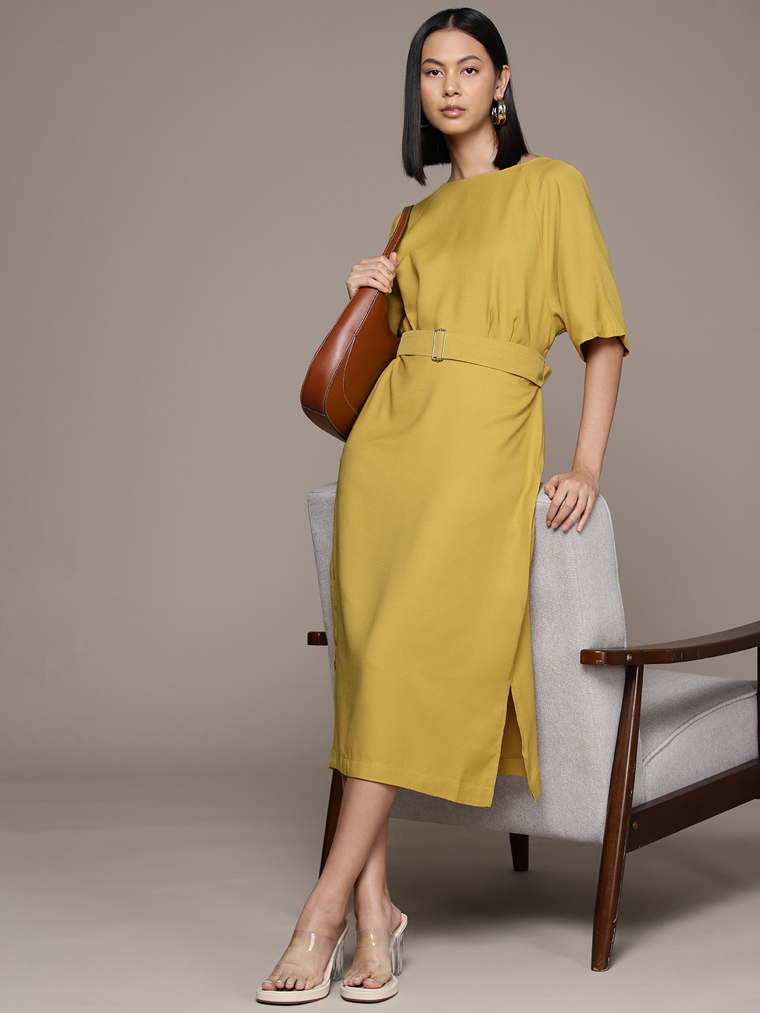 WAREHOUSE Gathered & Pleated Detail A-Line Midi Dress With Belt