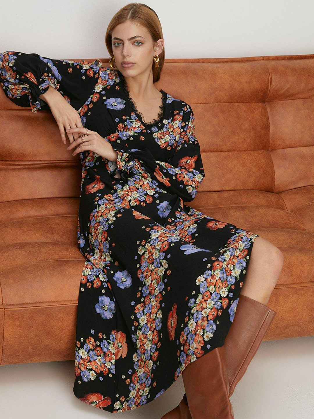 OASIS Lace Trim Floral Print Bell Sleeve Empire Midi Dress