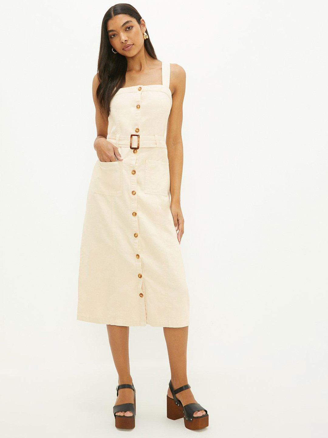 DOROTHY PERKINS Pure Cotton Square Neck Midi Dress with Belt
