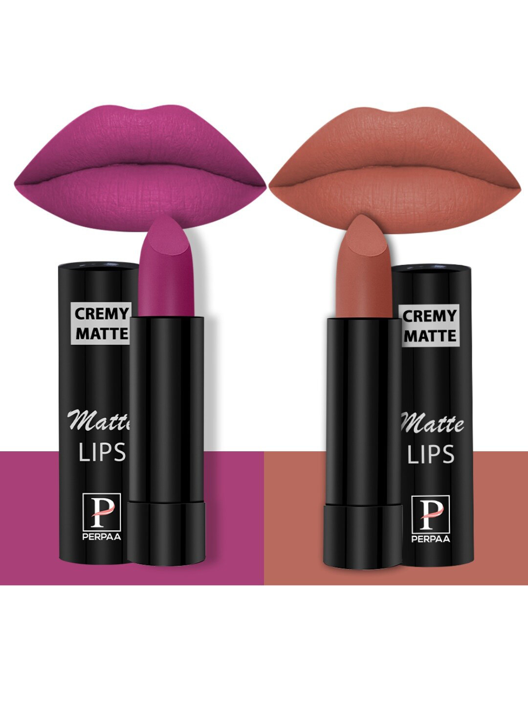 PERPAA Set Of 2 Creamy Matte Bullet Lipstick - 3.5g Each -Rose Magenta 58-Caramel 62