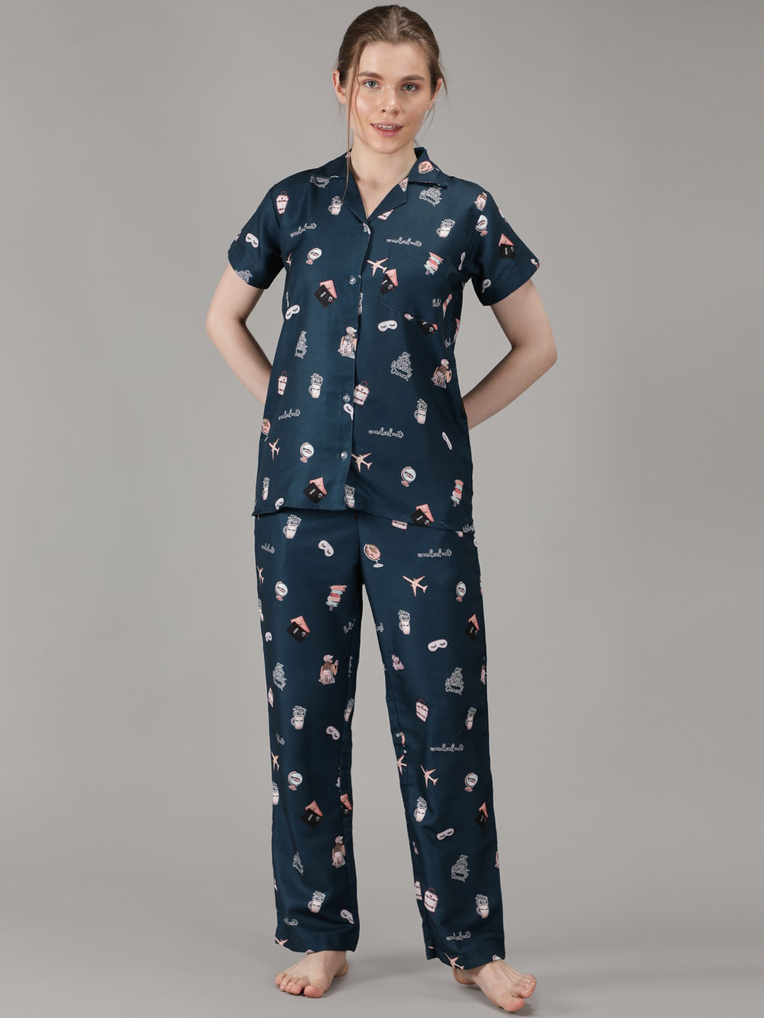 House of Comfort Women Teal & Orange Graphic Printed Night suit