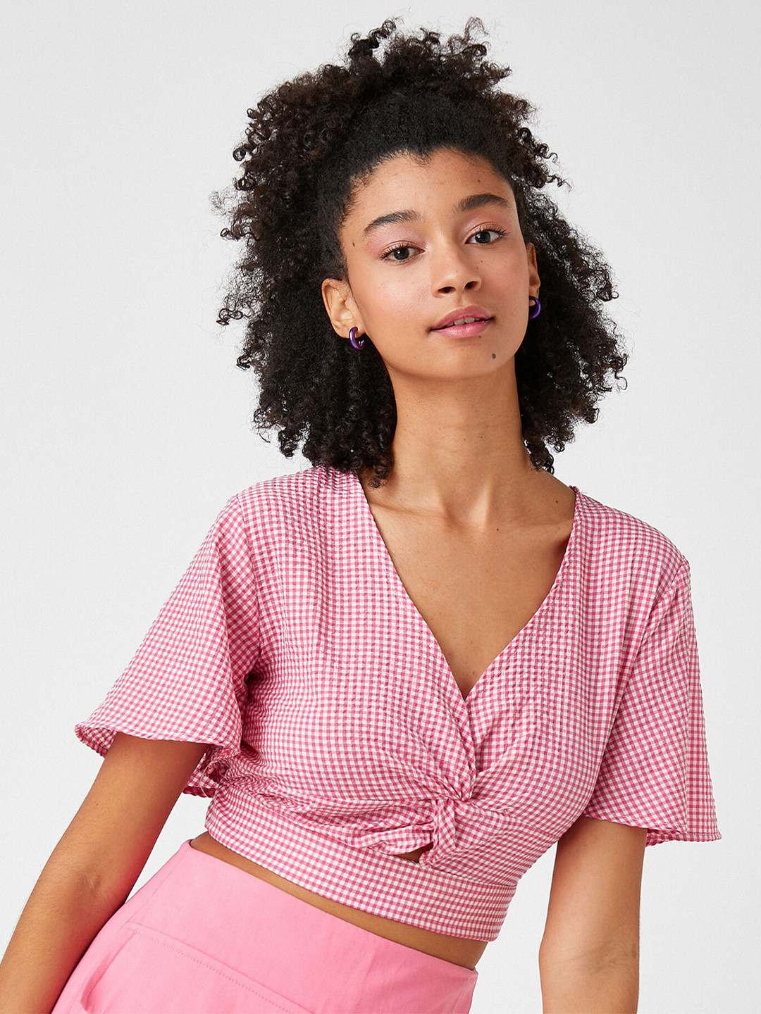 Koton Pink Striped Flared Sleeves Crop Fitted Top
