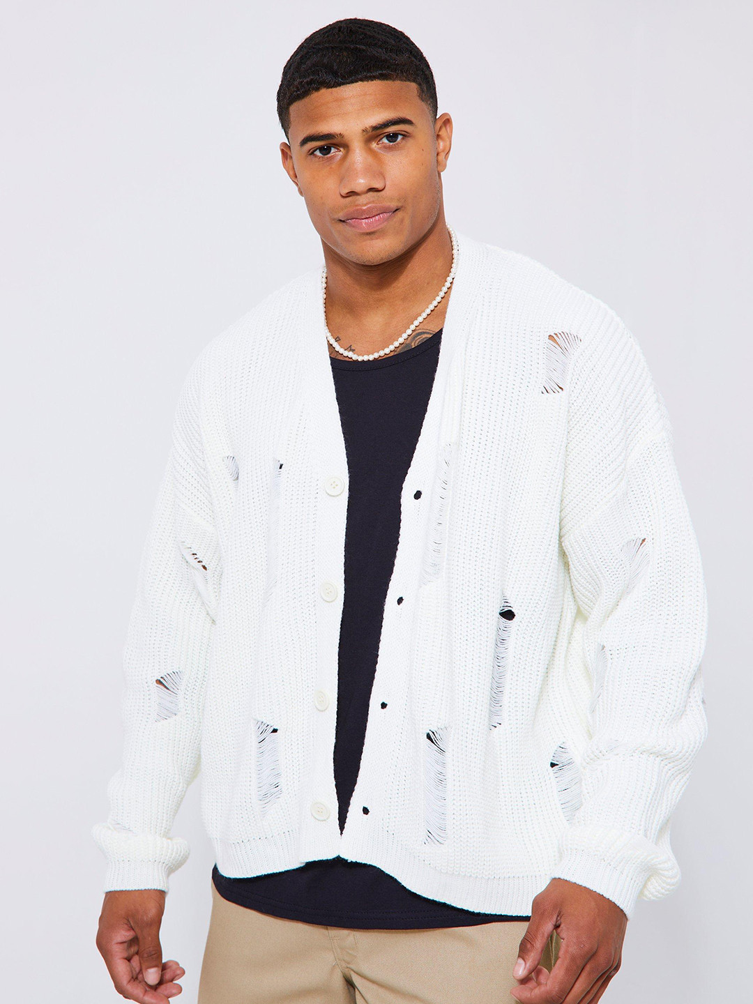 boohooMAN Acrylic Boxy Fit Distressed Cardigan
