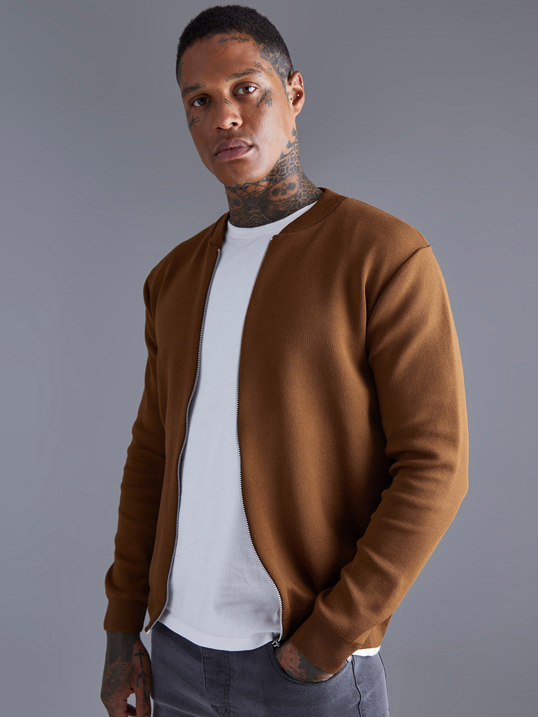 boohooMAN Stand Collar Front-Open Sweatshirt