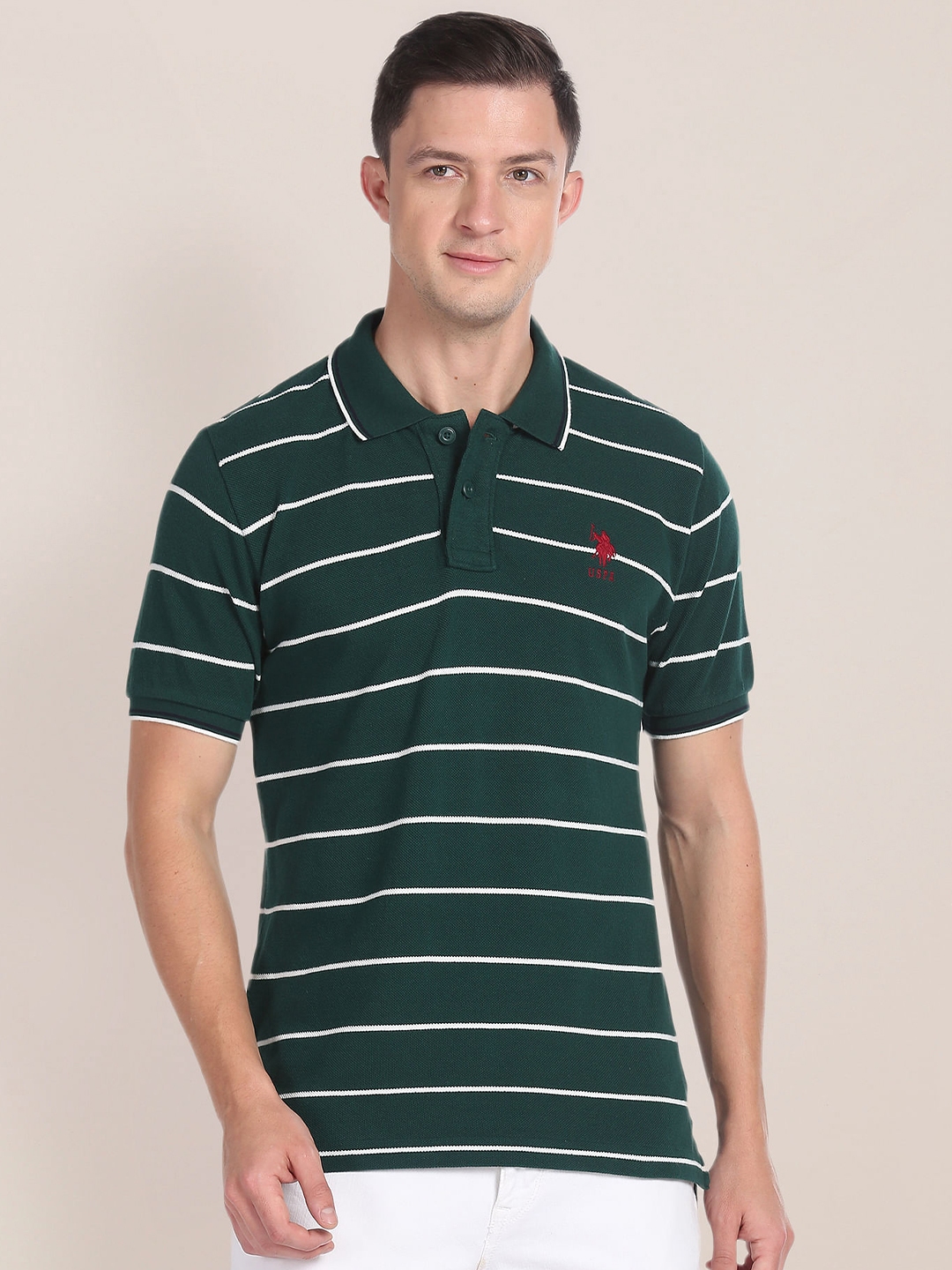 U.S. Polo Assn. Red Green Striped Polo Pure Cotton T-shirt