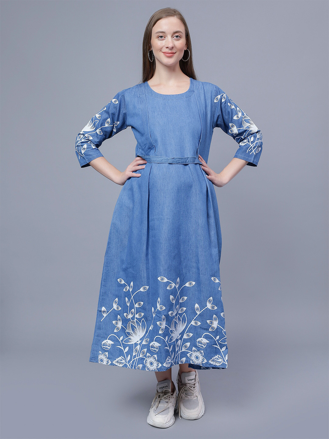 NIGHTSPREE Floral Printed Denim Maternity Fit & Flare Midi Dress