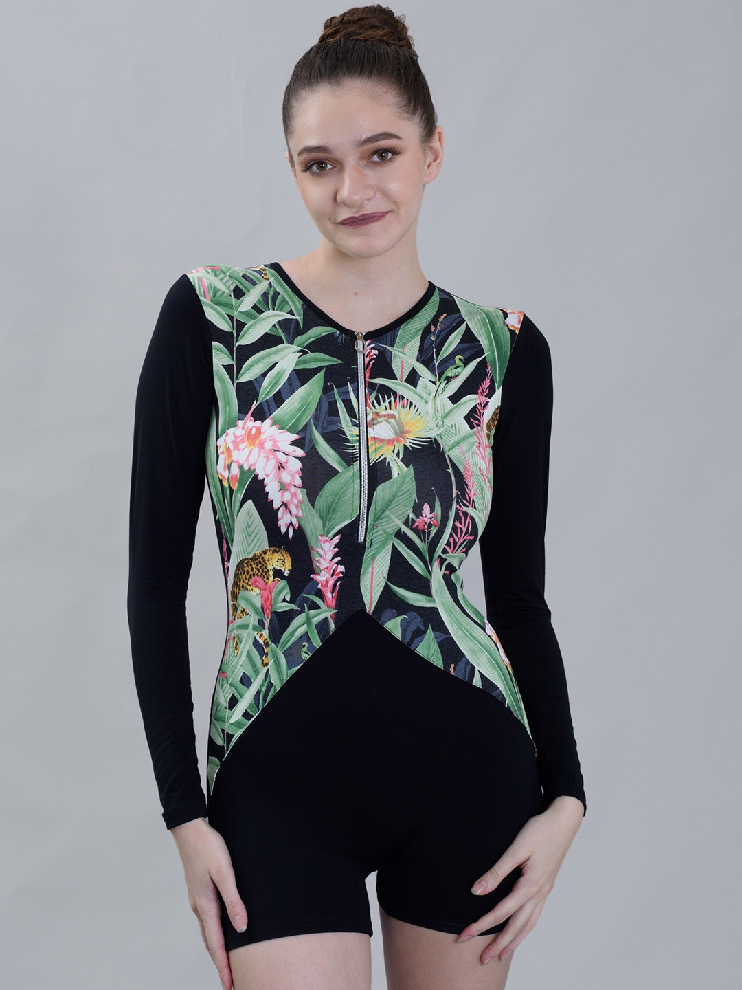 Keepfit Women Long Sleeve Black & Green Colourblocked Padded Legsuit with Front Zipper