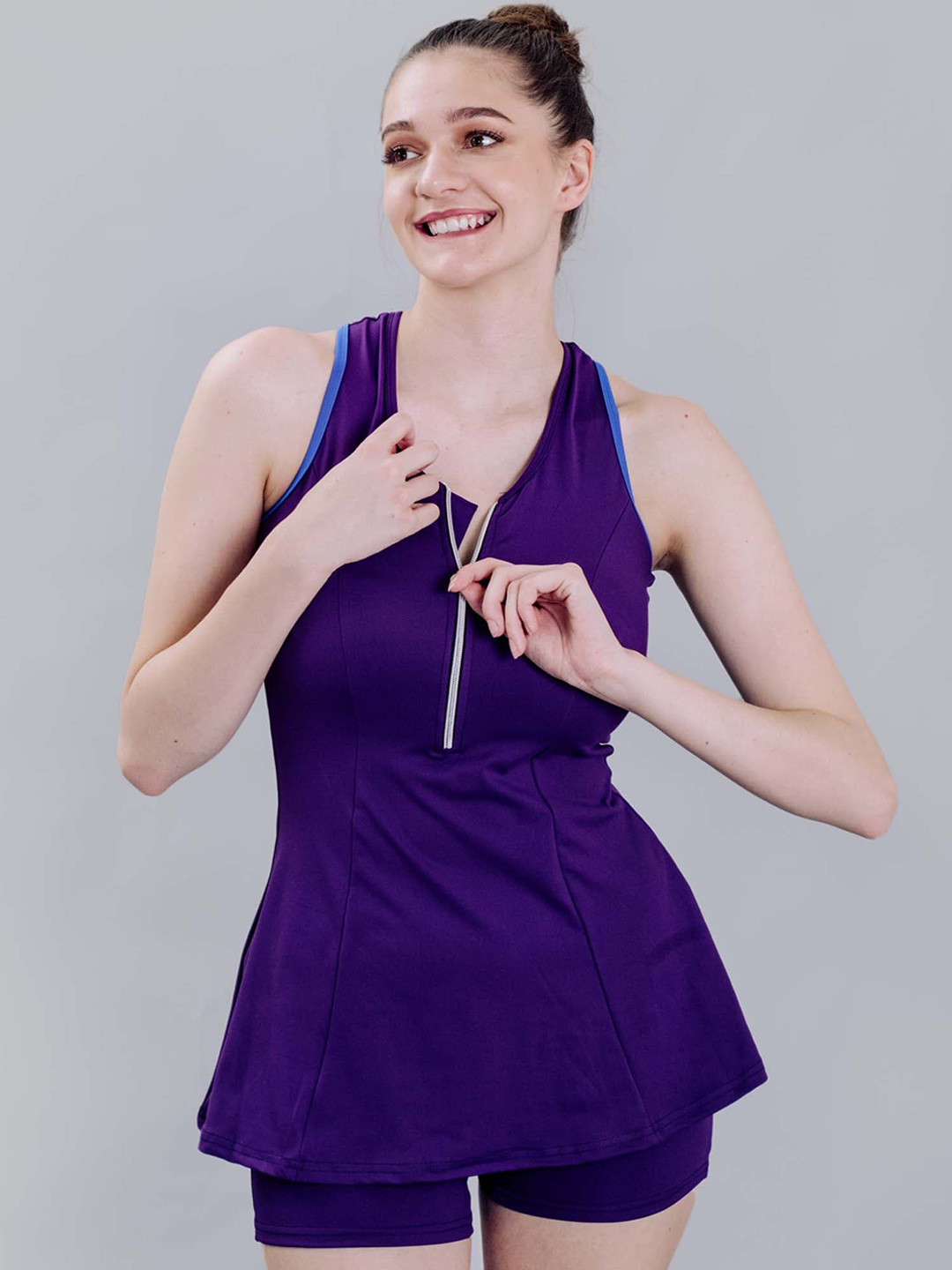 Keepfit Women's Racerback Swimsuit Frock Style Front Zipper Top and Boyshorts Dark Purple